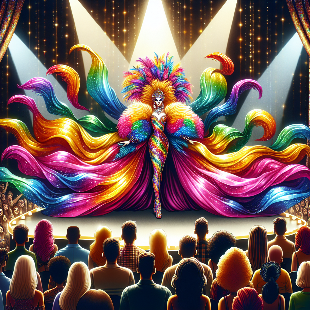 Create a colorful and flamboyant scene set at a drag show. In the center stage, create a majestic drag queen draped in a voluminous silk gown, splashed with all shades of the rainbow, and accompanying shimmering high-heels. The figure should be adorned with exuberant feathered headdress and gleaming, extravagant jewelry. In the audience, create diverse people of different descents such as Caucasian, Hispanic, Black, Middle-Eastern and South Asian, and of varying genders, transfixed by the vibrant spectacle. The crowd is likewise in eclectic attire, ranging from comfortable casual to eye-popping extravagant. The venue should exude drama and intrigue, with swaths of plush velvet and twinkling lights.