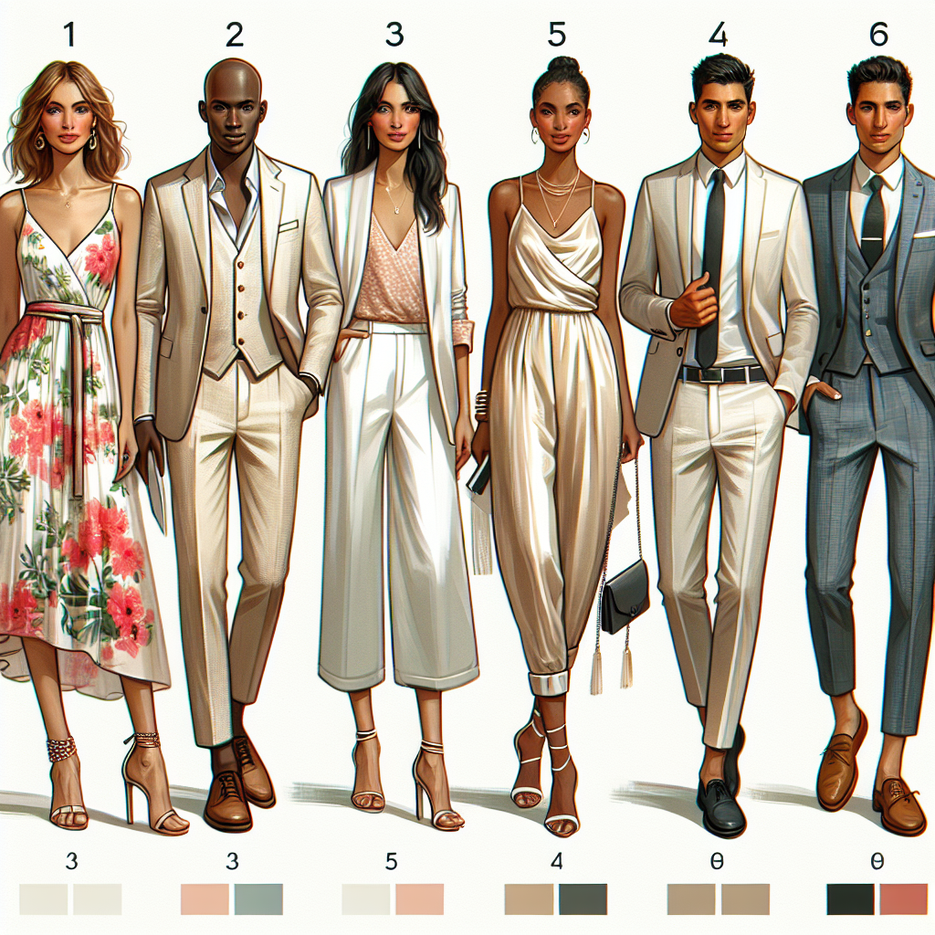 Create an image that depicts a comprehensive guide for wedding rehearsal outfits. The image should illustrate five distinct styles. The first style should feature a Caucasian woman in a chic floral summer dress with strappy heels. The second style should show a Black man dressed in a crisp, light-colored linen suit. The third style should present a Middle-Eastern woman adorning an elegant satin jumpsuit and a matching clutch. The fourth style should depict a South Asian man in a smart business-casual look with chinos and a blazer. The fifth and final style should be a Hispanic woman in a sophisticated cocktail dress paired with stylish pumps. Show all these outfits in a tasteful and trendy collage layout.