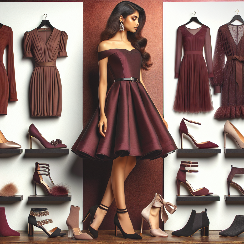 Stunning Outfits: Best Shoes for Your Maroon Dress An elegant display featuring a variety of stunning shoe styles designed to complement a maroon dress. The array includes classic high-heeled pumps, chic stiletto sandals, comfortable ballet flats, and modern ankle boots, each presented in shades that harmonize with the rich, dark wine color. Also, present a South Asian woman wearing a maroon dress paired with each shoe style showing how each shoe accentuates the dress differently.