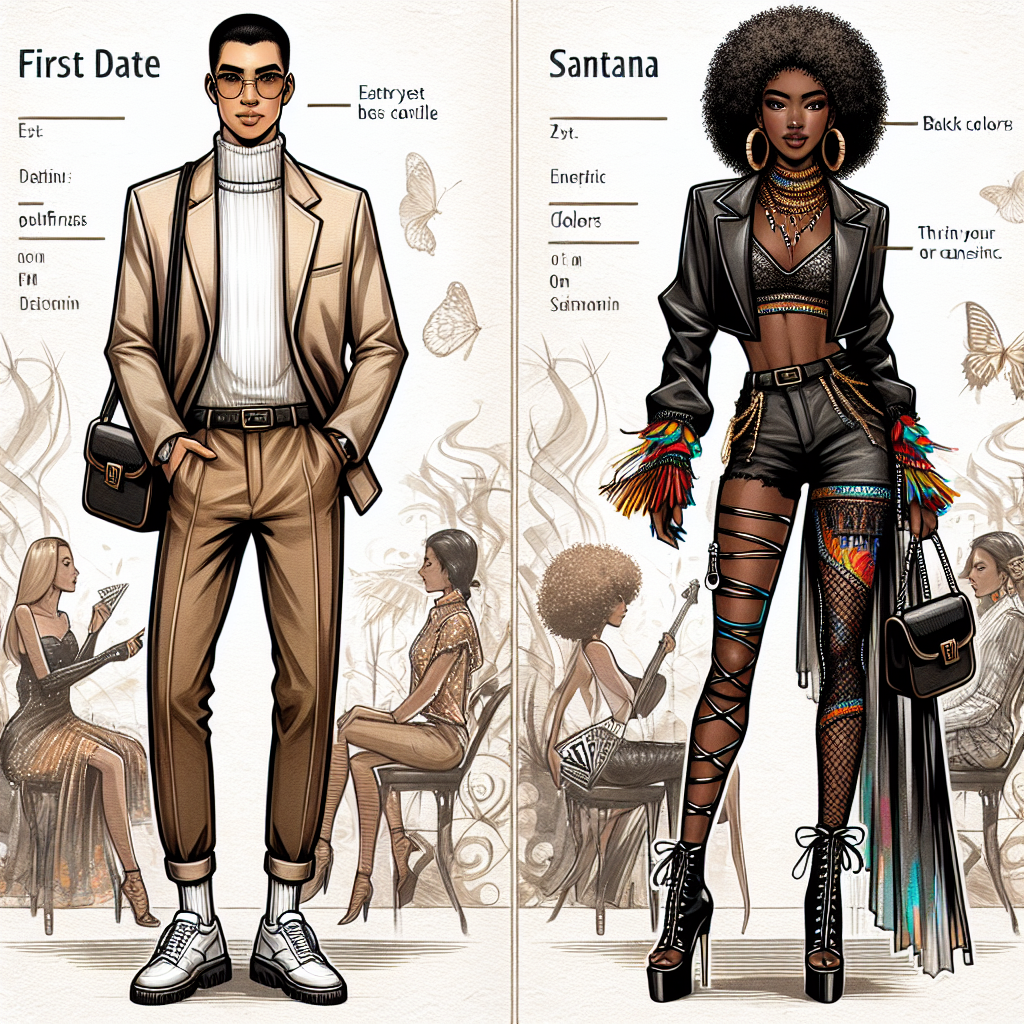 Must-Have Outfits for First Date & Santana Concert A detailed illustration showcasing two distinct fashionable outfits suitable for two unique occasions. For the first scene, depict a stylish individual confidently donning an elegant and trendy ensemble ideal for a first date. This person can be an East Asian male, dressed in a casual yet smart attire, accentuated with neutral colors and modern pieces. The second scene should portray a Black female, thrillingly dressed in an attire befitting a Santana concert. Her outfit can encompass vibrant colors and edgy accessories, exuding a festivity and musical vibe intrinsic to such concerts. Each scenario should spotlight the person as the central figure with an abstract, suggestively themed backdrop enhancing their appearances.