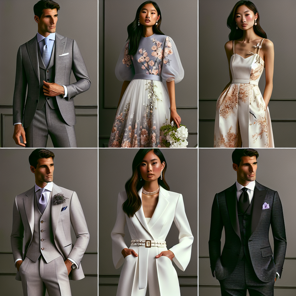 A variety of stylish outfits suitable for guests attending a graduation ceremony. The first outfit is a sophisticated three-piece gray suit worn by a Caucasian man; he is styled with a light blue shirt and a matching tie. The second ensemble shows an Asian woman wearing an elegant floral midi dress with pearl accessories, perfectly suited for a summer ceremony. The third outfit features a Middle Eastern man in a classic black tuxedo accentuated with a lavender pocket square. Finally, depict a Black woman in a chic white pantsuit with gold accents, embodying modernity and elegance.
