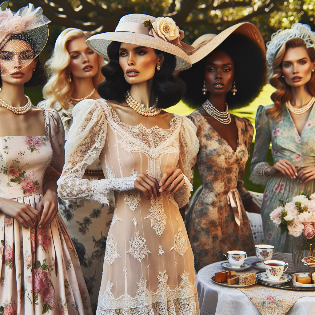 Envision an elegant scene from a women's tea party. Showcase a range of different outfits that are must-haves for this occasion. Include a woman of Caucasian descent in a pastel-colored Victorian-era dress with classic lace details. Another woman, of Hispanic descent, is wearing a sophisticated floral print dress with a matching hat. A Black woman is adorned in a chic hat with a wide brim, paired with a knee-length dress with pearls. And finally, a woman of South Asian descent is in a splendid fusion outfit of a traditional sari with a modern twist. The setting is a sunny afternoon garden party, with a decorated table filled with teas, sandwiches, and pastries.