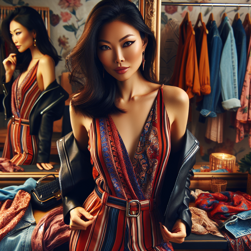 Exclusive Layering Tips for Sleeveless Jumpsuits An insightful scene in a fashionable dressing room. In the center, a stylish East Asian woman is experimenting with a vibrant, sleeveless jumpsuit, her curious eyes focused on her reflection in a full-length mirror. She is layering it with a sleek leather jacket, adding a unique twist to her outfit. A variety of chic clothing options are scattered around her; fabulous scarves with intricate patterns, trendy denim jackets, eye-catching statement jewelry, and more. The setting is inviting and warm, expressing a successful balance of style and comfort, demonstrating exclusive layering tips for sleeveless jumpsuits in a real-life scenario.