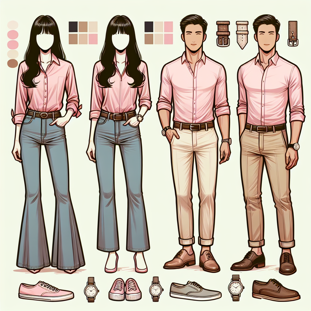 Stunning Outfits: Best Pants for Pink Shirts Create an image showcasing a diverse selection of fashionable ensembles. In the center, we have an East Asian woman wearing flared jeans and a pink shirt, a white man to her right sporting khaki chinos with a tucked in, baby pink button up, and Hispanic man to her left displaying a pair of dark wash jeans with a light pink polo shirt. Additionally, please include accessory suggestions such as belts, watches and shoes to complement each outfit.