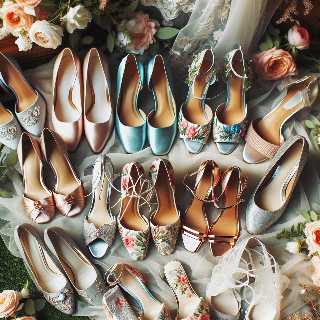 Captivating imagery of a variety of elegant shoes perfect for a March wedding. The shoes should effortlessly represent a sophisticated style, reflecting the refreshing essence of Spring with floral motifs, soft pastel tones - baby blue, blush pink, and mint green, balanced with chic elements of silvers and golds. The collection of footwear should comprise different styles - sleek pumps, open-toe sandals, stilettos, and flats catering to different tastes. They should be placed on a beautiful backdrop, perhaps a lush meadow or a fancy wooden floor, enhancing their charm and appeal.