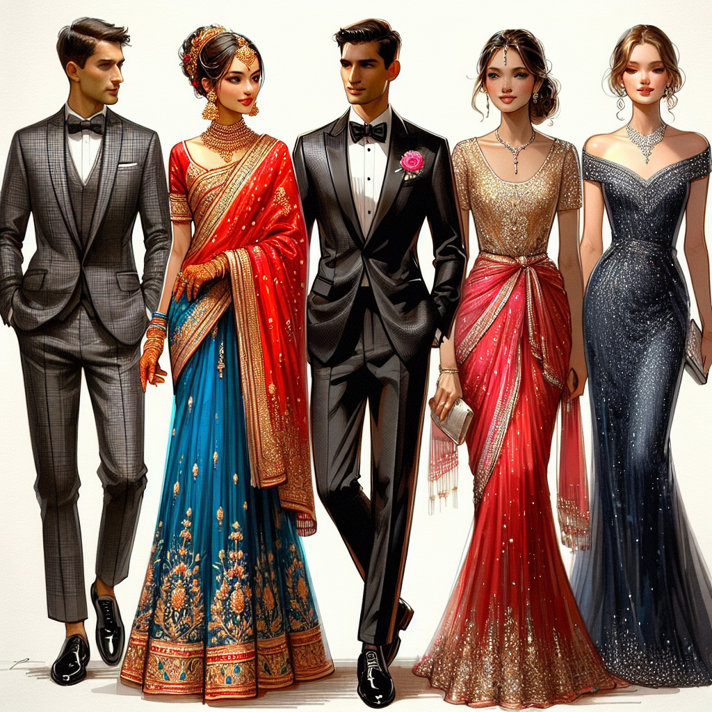 A variety of elegant clothing suited for a wedding event. To start, visualize a South Asian woman in a vibrant red sari detailed with opulent golden embroidery, paired with traditionally styled gold jewelry. Adjacent to her, a man of Caucasian descent is in a charcoal black suit with a crisp white shirt, a silver tie and shiny black Oxford shoes. In contrast, demonstrate a Middle-Eastern woman donned in a striking blue gown, embellished with sequins, standing next to a Hispanic man stylishly wearing a navy blue tuxedo with a pink boutonniere on the lapel. Each outfit should exude sophistication and simplicity.