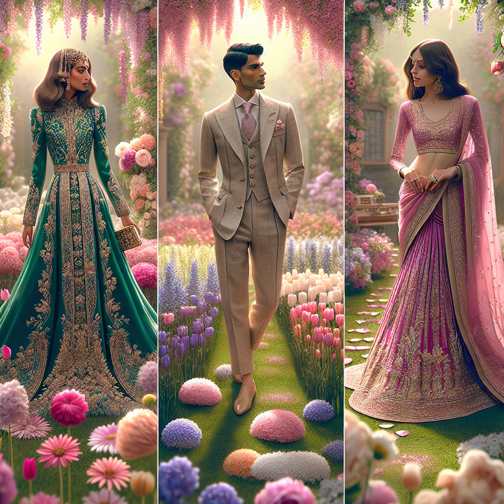 Stunning Garden Wedding Outfits: Find Your Perfect Match Envision a magical garden filled with blossoming flowers: daisies, tulips, roses, and hydrangeas, all in vibrant hues of pink, purple, and white. Amid this tapestry of nature, focus on three individuals, each flaunting unique wedding outfits that perfectly exemplify their style. The first person, a Middle Eastern woman, is adorned in a regal, floor-length emerald dress, embellished with intricate gold embroidery. The second individual, a Caucasian man, sports a crisp linen suit in beige, paired with a pastel pink tie. Lastly, there is a South Asian woman beaming in a vibrant fuschia saree with hand sewn golden motifs. Showcase each outfit's details reflecting soft garden sunlight amplifying their elegance.