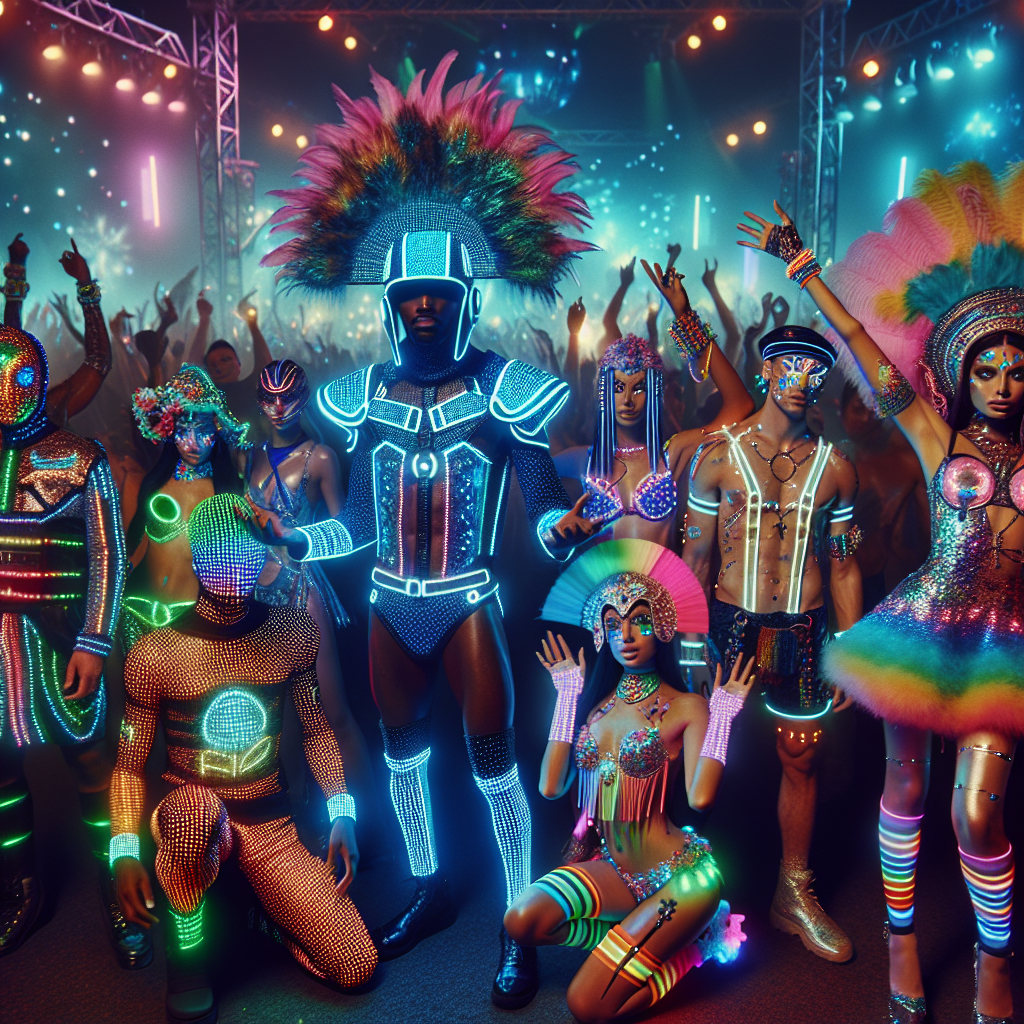 Visualize a vibrant party scene filled with intermixing dancers, each clad in eye-catching rave outfits. Imagine a tall, Black man wearing a glowing LED helmet, holographic clothes, paired with LED gloves. Standing next to him, visualize a petite, Hispanic woman draped in a rainbow-colored, sequined dress, neon stockings, and a feathered headgear. Off-set in the scene, provide glimpses of a group of South Asian men and women, with glow in the dark face paint, chem-luminescent bracelets, and UV-reactive clothing. The atmosphere should be vivid and electric, embodying the ultimate rave culture.