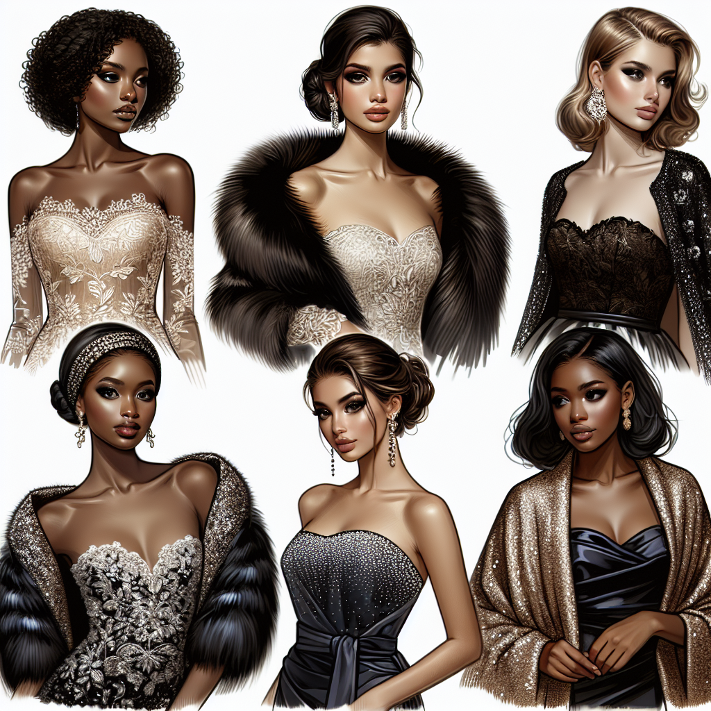 Stunning Cover-Ups for Your Strapless Dress Visualize a selection of stylistic and stunning cover-ups designed to complement strapless dresses. Imagine an array of textures and styles, including feminine lace boleros, robust faux-fur stoles, a chic South Asian woman donning a sequin shrug, and a sophisticated Black woman elegantly draped in a satin wrap. Use a neutral background to make the cover-ups pop and add small details like decorative buttons or ribbons to accentuate the pieces. Try to make the designs versatile and elegant to match any strapless dress for any occasion.