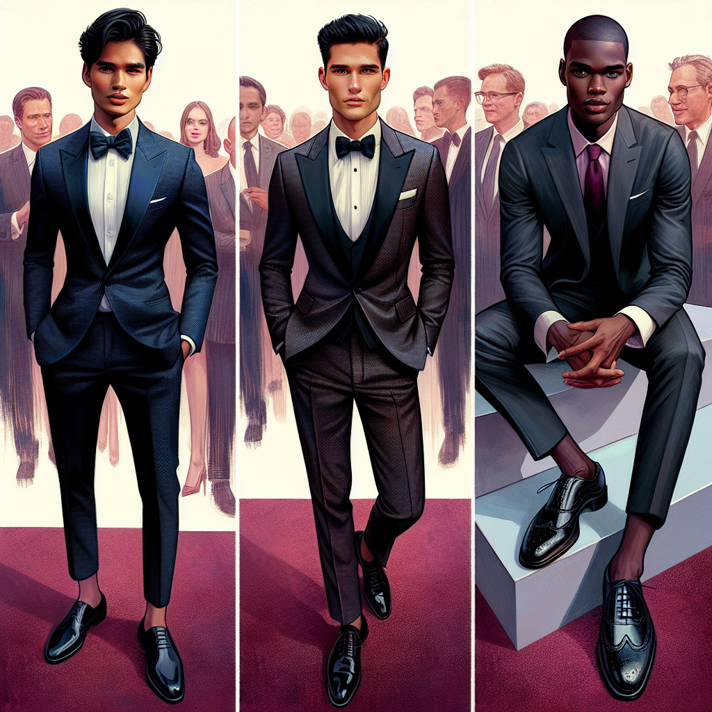 Dress to Impress: What to Wear to a Red Carpet Event for Men A vivid depiction of three men posing confidently on a red carpet event. The first man is a tall and thin South Asian gentleman, wearing a dapper navy blue tuxedo paired with a crisp white shirt, a black bow tie and glossy patent leather oxfords. The second man is a middle-eastern descent with a muscular build, sporting an elegant charcoal-black suit, aubergine silk tie and high-shine black dress shoes. The third man, a black individual with an athletic physique, is dressed in a grey three-piece suit, a light pink button-down shirt, burgundy tie and a pair of brogued wingtip shoes.