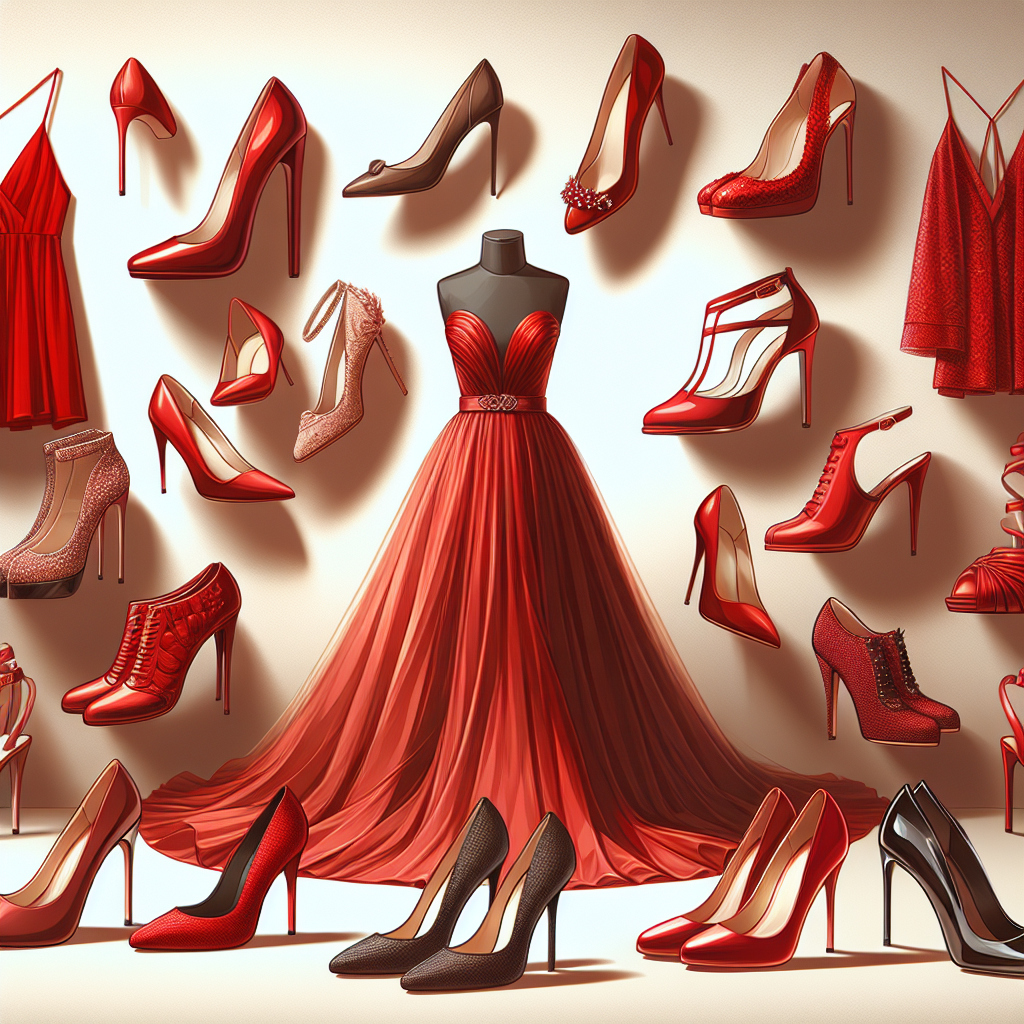 Please generate an illustrative image showcasing an array of luxurious, stunning shoes designed for red dresses. The shoes should range in styles from elegant heels to sleek flats, with a variety of finishes, including leather, velvet, and patent. They should be displayed elegantly against a clean, neutral background. To complete the image, there should be different red dress designs subtly present in the background to highlight the perfect match between the shoes and dresses.