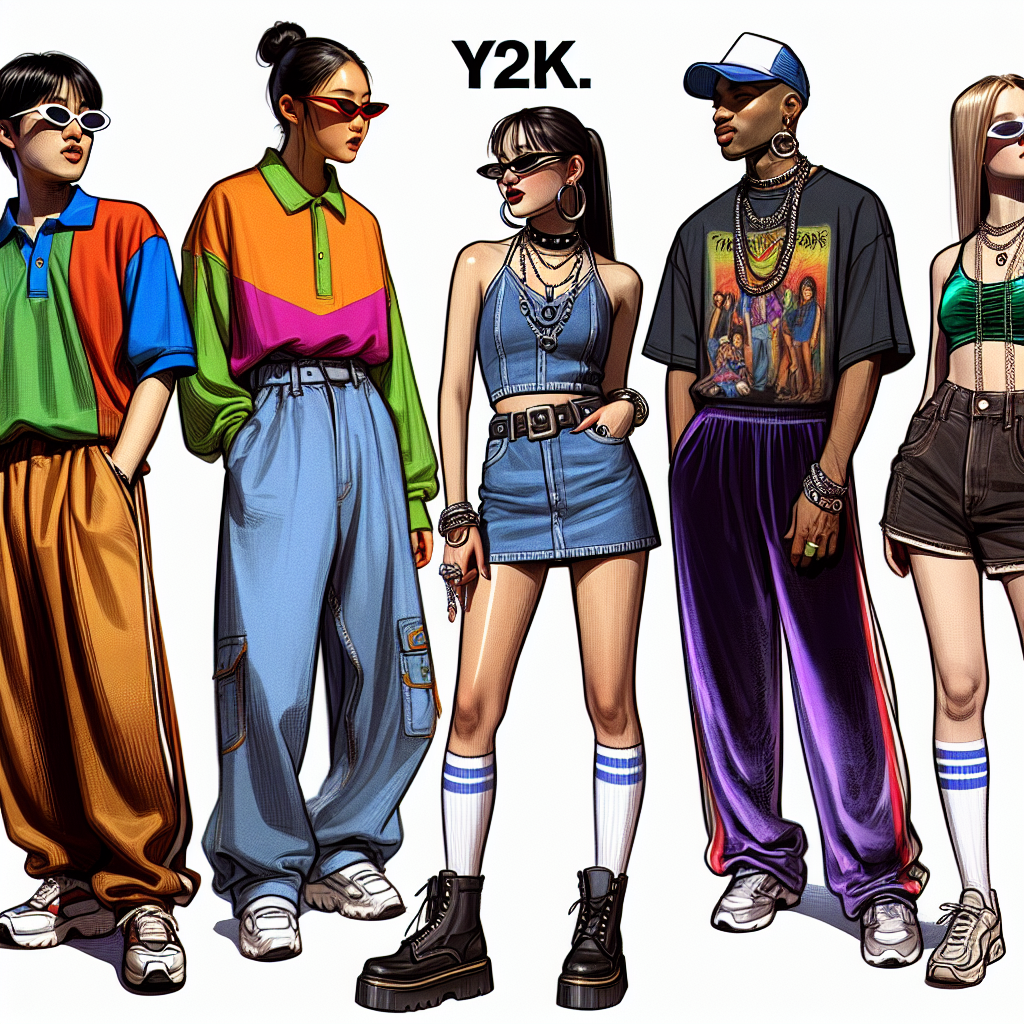 Imagine a collection of fashion essentials from the early 2000s, perfect for a themed party. Visualize several diverse people showing off these styles. An Asian man is dressed in baggy jeans and a brightly colored polo shirt. A Hispanic woman sports a denim mini skirt, paired with a halter top and flip flops. A Black woman is flaunting a velour tracksuit in bold colors, paired with oversized sunglasses. A white man dons a trucker cap with a band t-shirt and cargo shorts. All of them are wearing chunky jewelry and accessories, displaying the aesthetic charm of the Y2K fashion era with effortless style and confidence.