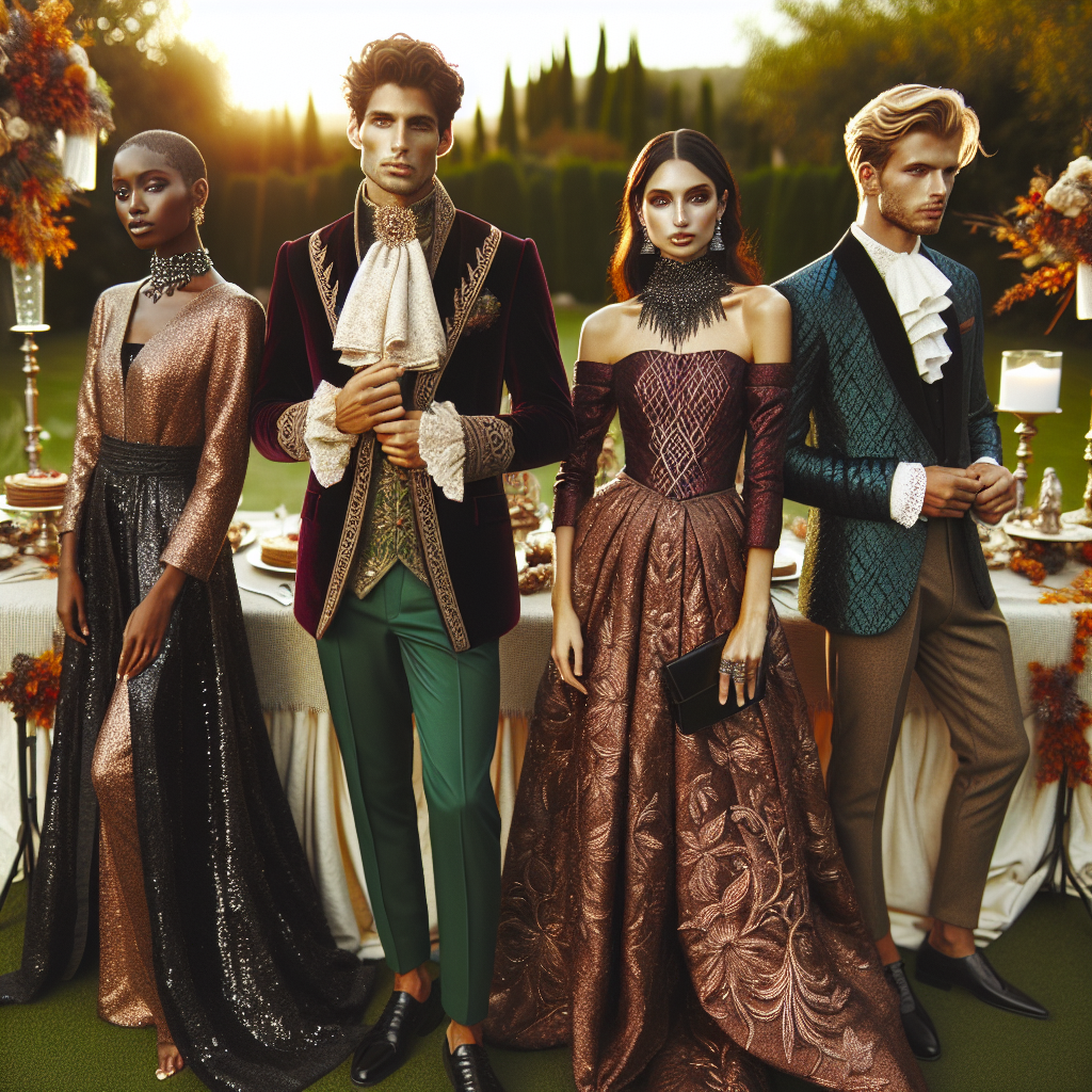 Envision an elegant outdoor wedding held in September 2024. Display an array of guests in beautifully styled outfits suited for the fall wedding season. Show a Caucasian man in a gorget with a deep emerald green suit and a Black woman in an enchanting burgundy dress with intricate embroidery. Include a South-Asian woman wearing a stunning sequin saree in shades of gold and a Middle-Eastern man dressed in a stylish navy-blue traditional attire. There's a neat arrangement of festive fall decorations around the guests, everything under the warm, golden light of a September sunset.