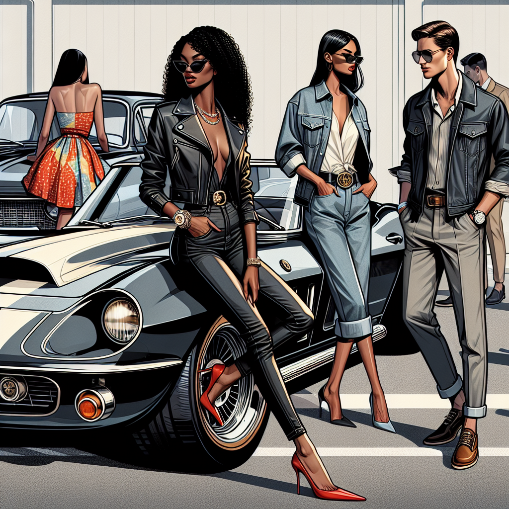A fashion-forward scene at a car show is depicted. A woman of African descent, donning a classy leather jacket, skinny jeans, and red stilettos, is leaning against a sleek monochrome sports car. A Hispanic man is nearby, clad in a denim outfit accessorized with a vintage wristwatch, as he admires a classic muscle car. Another South-Asian woman is seen in the background, her style is a vivid sundress complemented by comfortable flats, while checking out a vintage convertible. The outfits strike a balance between chic and approachable, embodying effortless style.