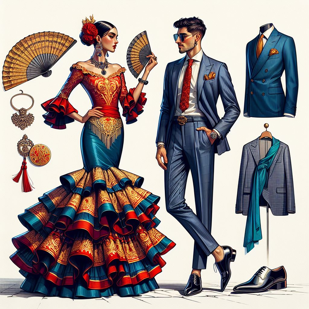 Must-Have Styles: What to Wear to a Wedding in Spain Imagine a highly fashionable scene of two individuals at a Spanish wedding. The first person is a South Asian woman wearing a traditional flamenco-inspired dress in bold hues of red and gold, with ruffles at its bottom. The second person is a Middle-Eastern man next to her in a classic Navy Blue suit, a crisp white shirt with a stylishly knotted vibrant turquoise tie, and glossy black dress shoes. They both have accessories like an ornate fan for the woman and a pocket square for the man to further enhance their attires. This depiction should ooze elegance and an essence of Spanish culture.