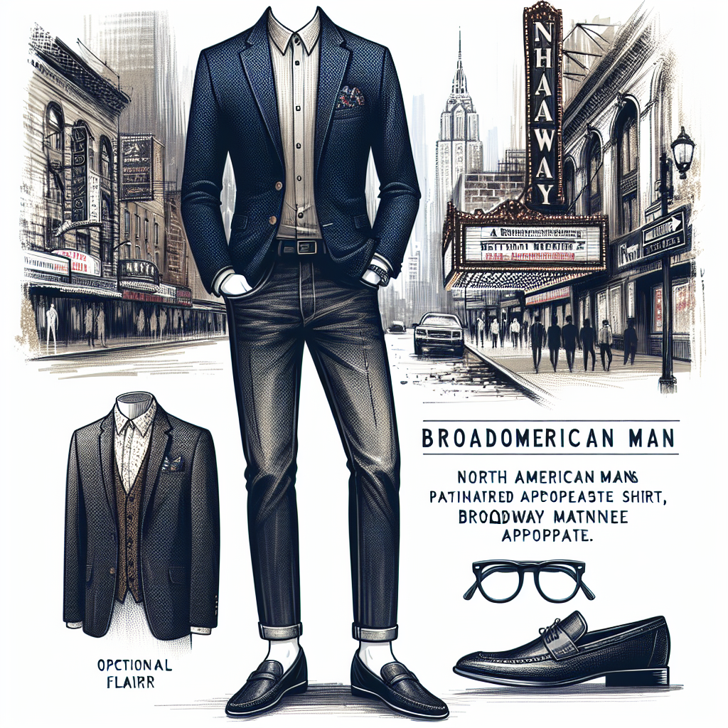 A well-coordinated fashion illustration featuring North American man's Broadway matinee appropriate attire. Let the visualization highlight a sharp, stylish blazer paired with a comfortable, semi-formal shirt beneath, and crisp, dark-washed jeans. Add an optional flair accessory like a trendy, patterned pocket square peeking subtly from the blazer pocket. Feet are adorned in sleek, polished loafers. To complete the ensemble, portray a pair of black frame glasses casually held in one hand. The backdrop subtly indicates the busy urban streets of a theatre district, adorned with vintage marquees. Use realistic style and medium.