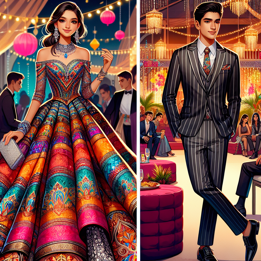 What to Wear to a Quinceañera: Stunning & Effortless Styles A visual guide to dressing up for a Quinceañera. The image will encompass two parts. The first half will display a scene inside a vibrant venue filled with festive decor catering to a Quinceañera. Center the focus on a South Asian female wearing an elegant, floor-length, multicolored gown with intricate beadwork, poised confidently. She is holding a matching clutch and donning crystal earrings. The other half will feature a Caucasian male in a formal sharp-cut suit, complemented with a matching tie and polished shoes. He exhibits an effortless style, confidently socializing with guests. This imagery should capture the quintessential cultural celebration and fashion style typically seen at a Quinceañera.