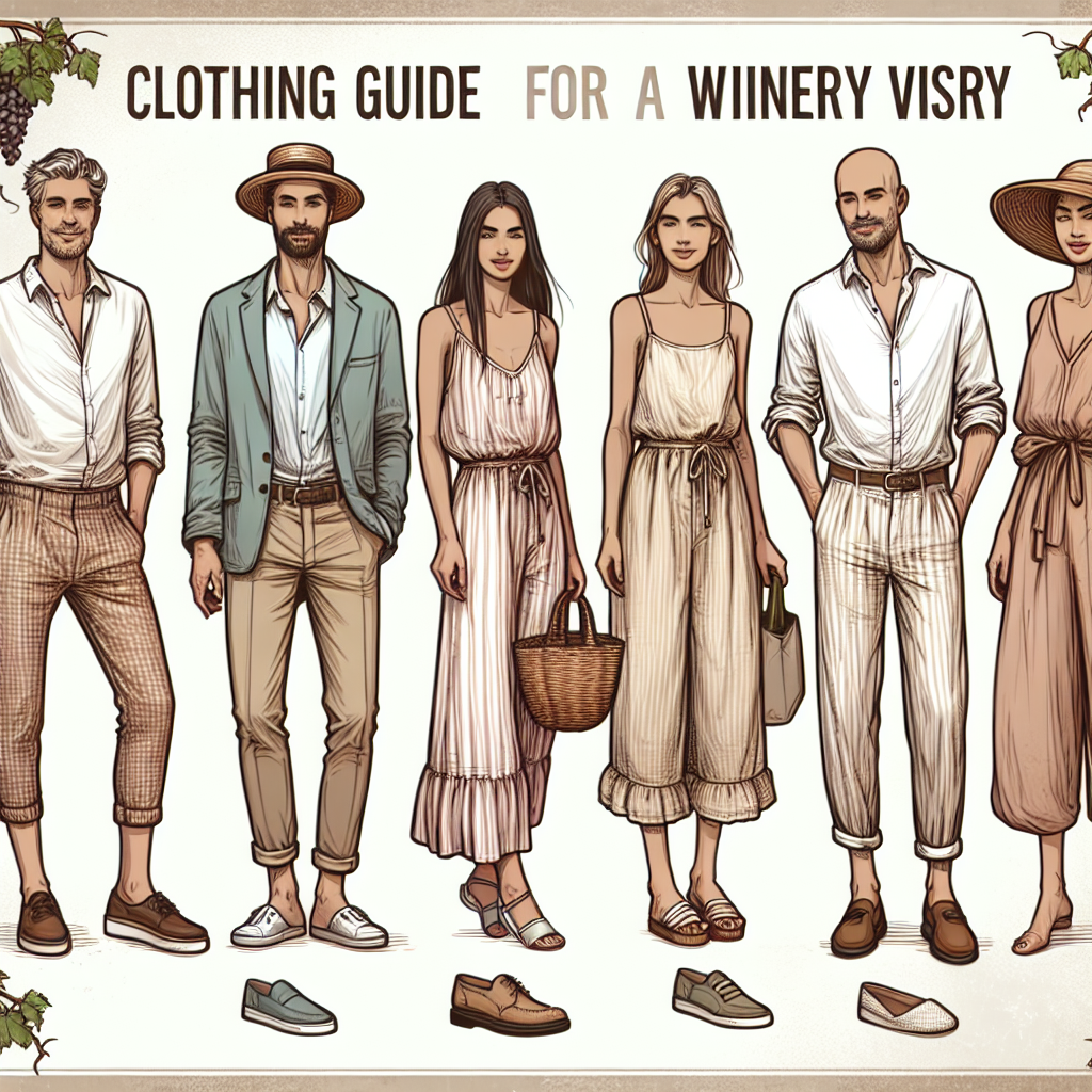 Create an image showing a clothing guide for a winery visit. On one side of the image, illustrate a collection of laid-back, yet eye-catching outfits suitable for a winery. This should include casual chic apparel, comfortable shoes, and suitable accessories. On the other side, depict the outfit being worn by a diverse group of people, include a Caucasian man wearing a lightweight blazer and loafers, a Hispanic woman donning a breezy summer dress and sandals, and a South Asian individual wearing trendy linen trousers and a stylish hat.