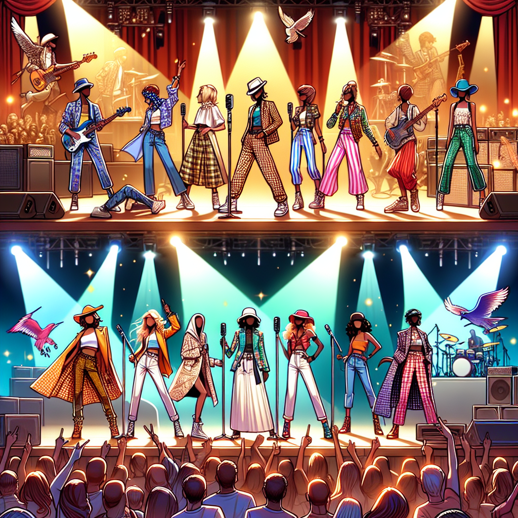 Visualize an engaging article cover that showcases a collection of fashionable and eye-catching clothing styles appropriate for a significant rhythmic music event. Variations could encompass an array of streetwear and glam-inspired attire suited for both men and women. These garments embody a myriad of vibrant and daring colors, distinct patterns, and trendy, unique styles. The context could be within a live music scenario with intense lighting, exuberant spectators, and a dynamic onstage performance. Include related elements like stage equipment, microphone stands, loudspeakers, etc., but avoid showcasing identifiable celebrities or artists. The primary theme is the vivacity and energy radiated by a mix of stunning outfits in a music concert ambiance.