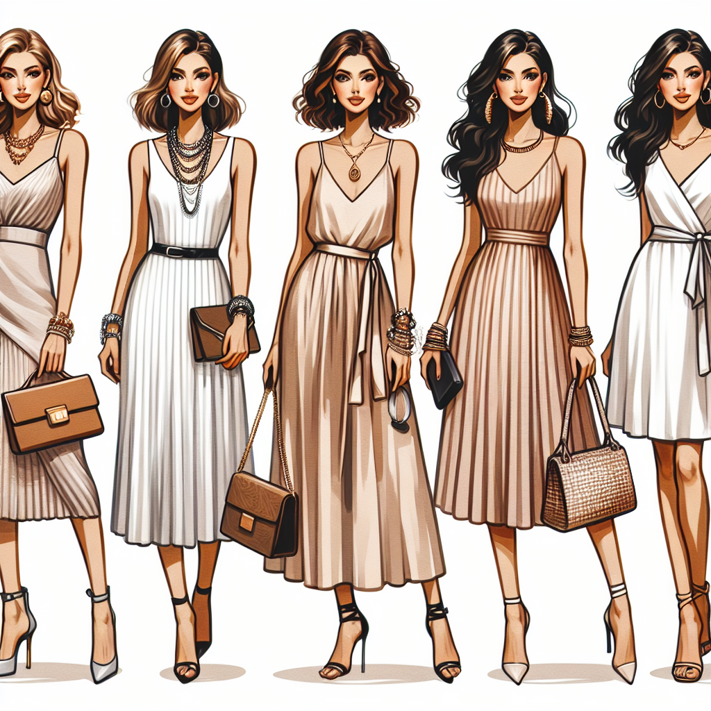 Visualize a collection of stylish outfit ideas featuring sleeveless dresses. Include a Caucasian woman gracefully posing in a sophisticated, knee-length sleeveless dress paired with jewelry, high heels, and clutch, a South Asian woman elegantly sporting a glamorous maxi sleeveless dress accessorized with a chunky necklace, platform shoes and a tote bag, a Middle-Eastern woman confidently wearing a chic midi sleeveless dress, coupled with strappy sandals, hoop earrings and a crossbody bag, and a Hispanic woman looking radiant in a mini sleeveless dress with ballet flats, bracelets, and a hobo bag. Each should depict a unique sense of elegance and poise.