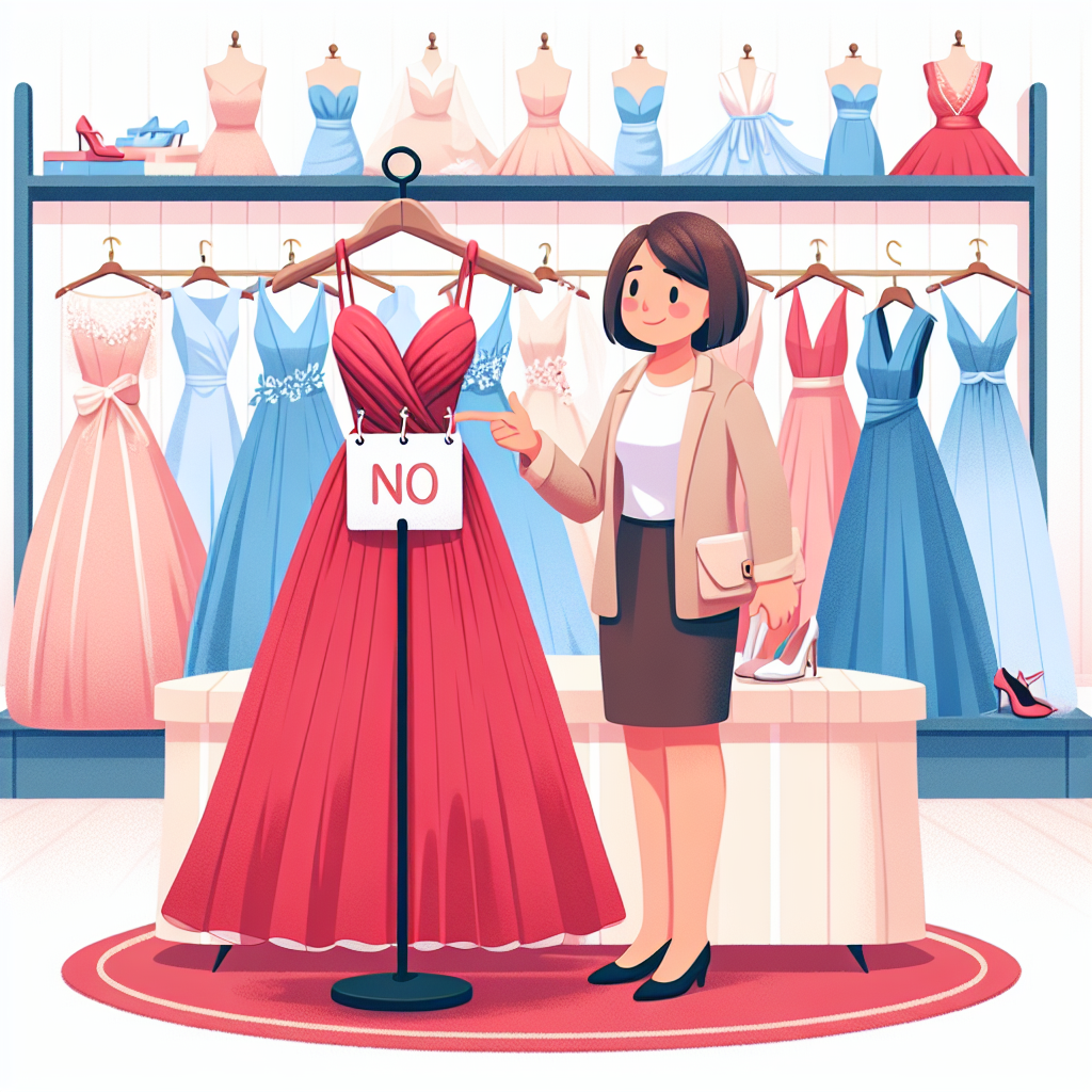 Visualize an informative scene for an article on wedding etiquette. A bold, red dress hanging on a wooden hanger with a sign on it symbolizing 'no'. In the background, a spread of acceptable dresses in pastel shades (pale pink, baby blue, light peach) on display. A South Asian woman with bob hairstyle who is an expert in wedding fashion tips, is giving advice to a Caucasian man on what dress to select. All this takes place in a paradise of an upscale boutique filled with elegant dresses and suits.
