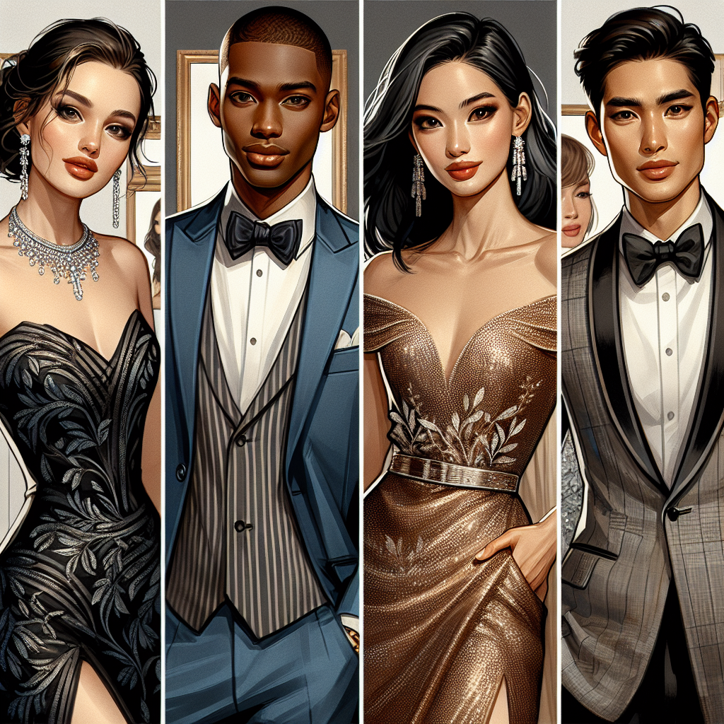 Envision an image for an article about 'Date Outfit Guide: Stunning Looks for a Perfect Evening'. Picture a variety of couples in a sophisticated setting. There's a Caucasian woman donned in an elegant black dress paired with a South Asian man in a smart blue suit. Down the scene, a Black man in a stylish grey tuxedo with a Hispanic woman in glittering gold gown. To add diversity, we see an East Asian woman in a beautiful floral dress and a Middle Eastern man in a charming brown suit. Each couple radiates elegance and confidence, embodying the significance of fashion in a perfect evening.