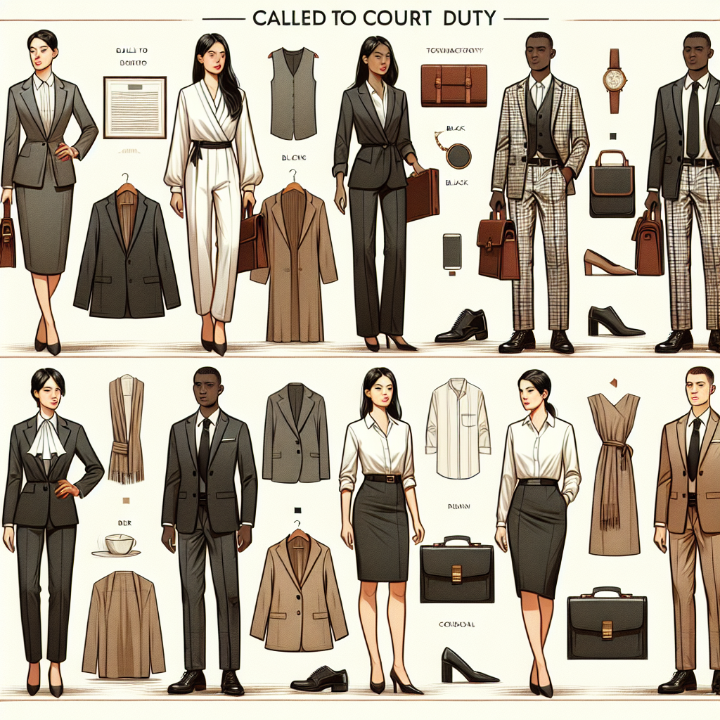 Juror Style Guide: Must-Have Looks for Court Duty An illustrative, detailed guide showcasing an assortment of appropriate, professional attire for individuals called to court duty. Feature a range of outfits suitable for different weather conditions. Display a South Asian woman elegantly dressing a monochrome suit, a Black man transitioning smoothly from casual to formal wear, and a Hispanic woman in a smart business dress. Also, include accessories like briefcases and comfortable yet stylish shoes. Ensure the overall tone of the image suggests the seriousness and respect associated in fulfilling one's civic duty in court.