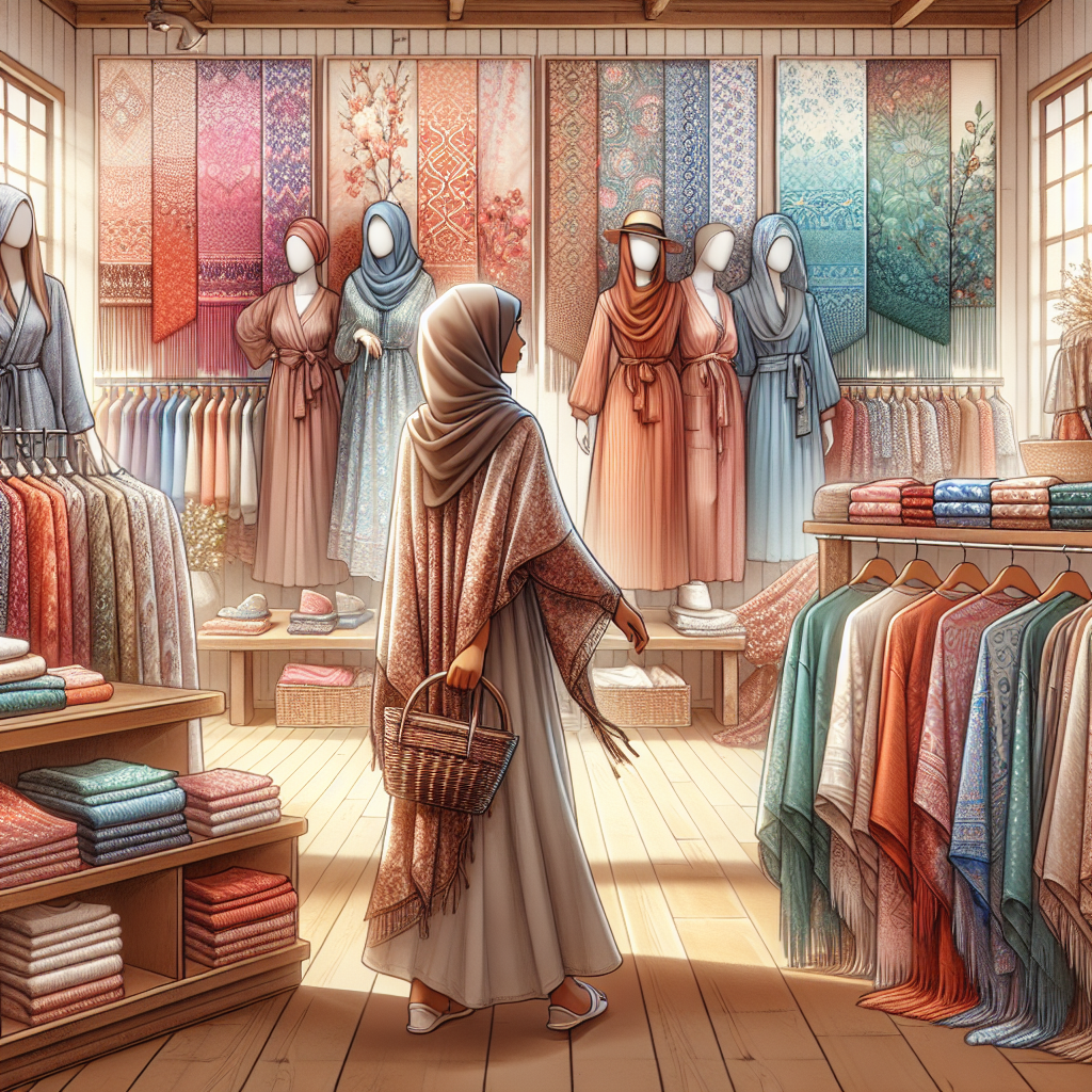 Imagine a serene clothing boutique filled with an array of vibrant and comfortable ensembles. One section showcases various beautiful scarfs in mesmerizing patterns and colors. Another offers trendy hats and caps with soft inner linings to ensure utmost comfort. A well-lit corner presents soft, patterned kimonos and easy-to-wear maxi dresses in unique prints and fabrics. A display shelf features cozy, comfortable, stylish loungewear in soothing colors. Lastly, a stylish Middle Eastern woman wearing a chic hijab, paired with a loose yet stylish dress, is seen shopping, symbolizing perseverance and style.