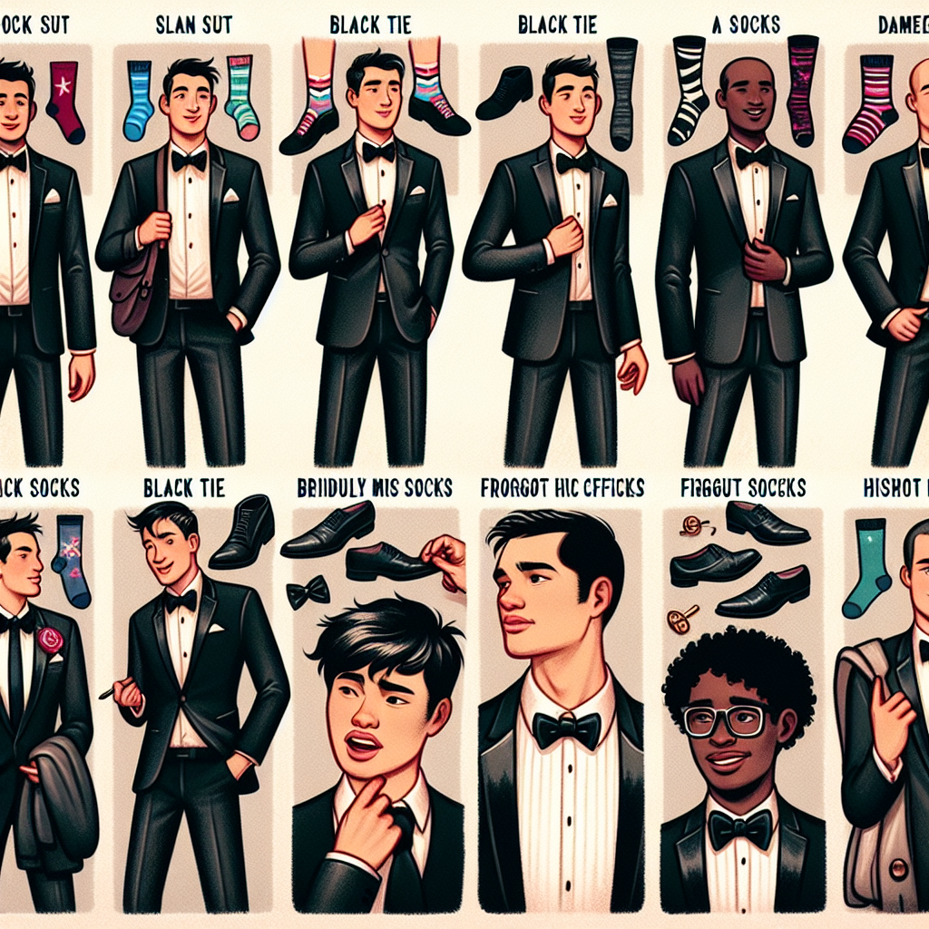 Black Tie Faux Pas: Avoid These Men's Fashion Missteps Illustration of a detailed fashion guide showcasing various scenes of a group of men attending a black tie event, making common fashion mistakes. In the first scene, an Asian man is wearing a black suit instead of a tuxedo. In the second scene, a Caucasian man is wearing a brightly colored tie, in contrast to the expected black bowtie. In the third scene, a Black man shows socks daringly mismatched with his dress shoes. In the final scene, a Hispanic man forgot his cufflinks. These scenarios perfectly capture the multitude of men's fashion faux pas at formal events.