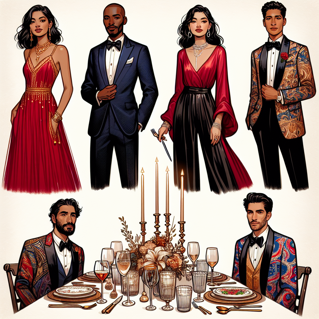 Craft an illustrative scene of a dinner party featuring different styles of formal wear. Show four individuals, a Hispanic woman in an elegant red maxi dress with gold accents, a Black man in a classic navy blue tuxedo, a Caucasian woman dressed in a stylish jumpsuit made of satin, and a Middle-Eastern man in a colorful paisley dinner jacket and black pants. Each should express a confident demeanor, reflecting the importance of carefully picked attire for such events. Include a backdrop consisting of a luxe dining setting showcasing crystal glasses, silverware, candles and a floral centerpiece.