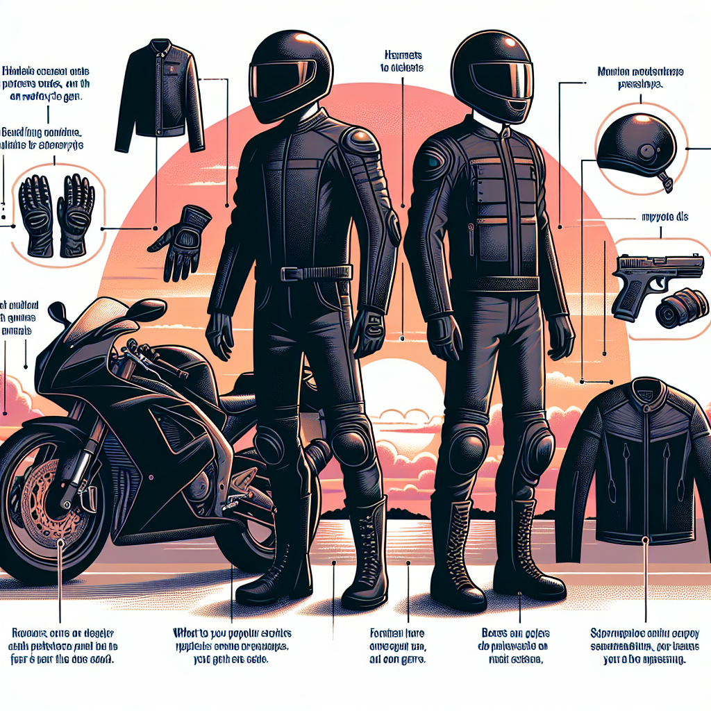 An educational illustration for an article titled 'Essential Guide: What to Wear on a Motorcycle'. Show a black motorcycle on the left side of the image against a sunset background. To the right, depict two riders of different genders, one Hispanic and the other Caucasian. They are dressed in protective gear for motorcycle riding: helmets, jackets, gloves, trousers and boots. Each item of clothing is labelled with its proper name and a short sentence underneath explaining its importance in safety. Use a clear, readable font for the labels and ensure it is suitable for an informative article.