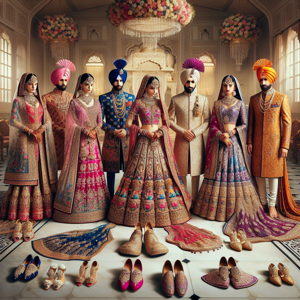 Stunning Outfits for Gurudwara Weddings: Dress to Impress! A collection of stunning traditional Sikh wedding outfits suitable for a Gurudwara ceremony. Illustrate a mix of vibrant, intricately embroidered lehengas for South Asian women and stylish, colorful sherwanis for South Asian men. Include details like shimmering dupattas, heavy jhumkas, and decorated pagri or turban accessorized with kalgi. Also, display a variety of fancy juttis that match the outfits. The background can be a tastefully decorated hall of a Gurudwara with intricate floral arrangements, while the subjects exhibit a respectful demeanor suitable for a religious ceremony.