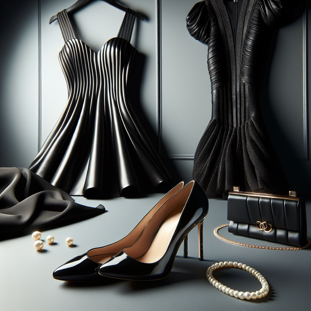 A fashionably styled scene featuring a pristinely polished pair of high-heeled shoes, characterized by their glossy black finish and intricate, feminine detailing. The shoes are presented next to an elegantly draped black dress, demonstrating a perfect match. The dress boasts a classic silhouette with a modern twist, reflecting its chic aesthetics. A well-lit, minimalist backdrop enhances the focus on the footwear and dress ensemble, conveying a sense of sophistication, readiness for a court appearance, and high fashion. Small additions like a pearl necklace laid near the dress or a clutch purse could add extra finesity to the scene.