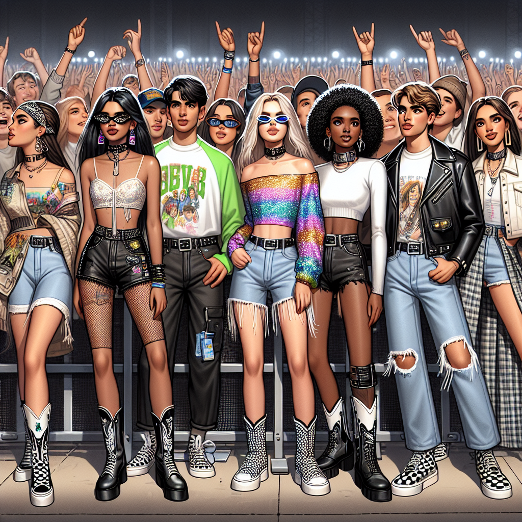 Must-Have Outfits for Sabrina Carpenter Concert 2024 Visualize a lively scene at a generic pop concert in 2024. Picture a diverse crowd of passionate fans, each clad in trendy and avant-garde outfits, ready to rock out to their favorite tunes. Remember to balance the genders and descents equally. Picture one fan, a Caucasian woman, sporting a rainbow sequin crop top paired with ripped black jeans and chunky white sneakers. Another fan, a Black man, donned in a neon green graphic tee, black skinny jeans, and checkered Vans. A Hispanic woman wearing a white off-shoulder blouse, denim shorts, and cowgirl boots. Also, show a South Asian man in a leather jacket, white tee, black jeans, and combat boots.