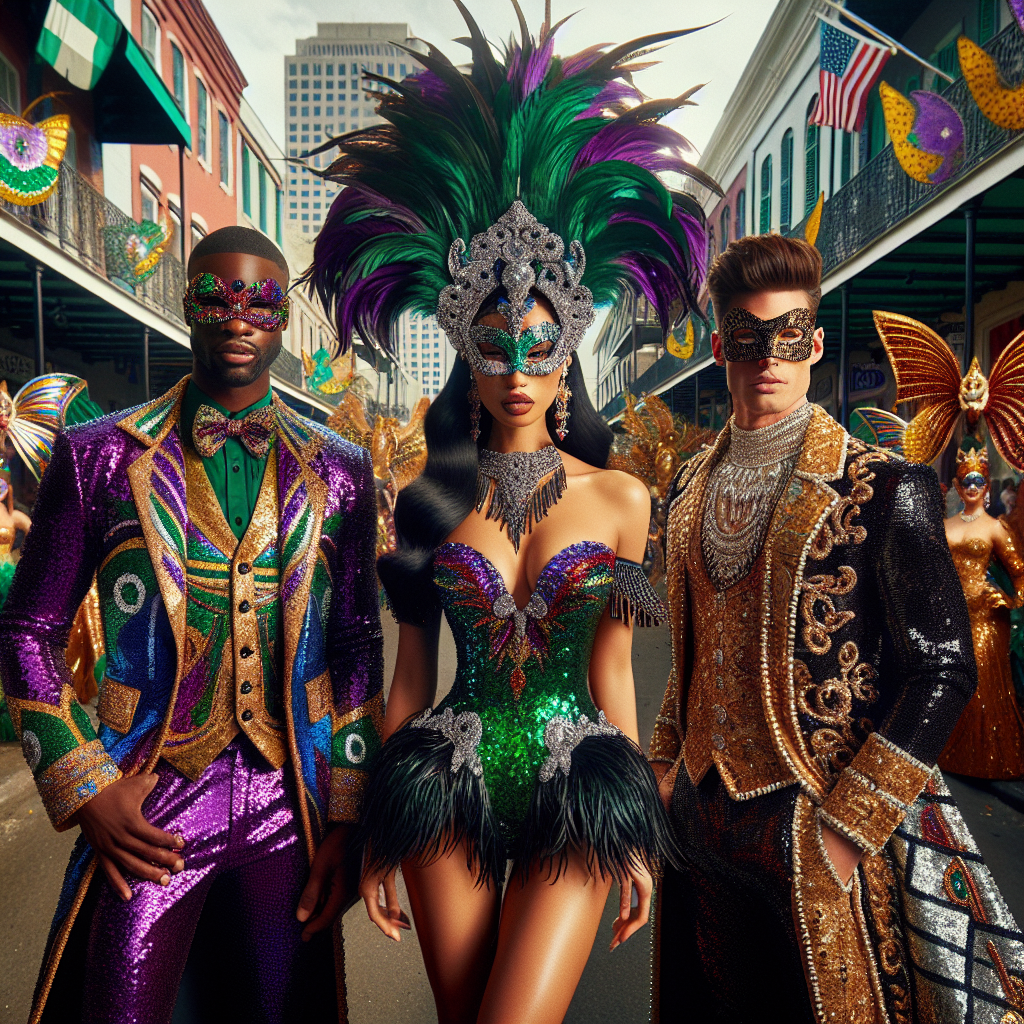 Envision this: A vibrant city street, teeming with energy and a mosaic of colours on a Mardi Gras day. In the foreground, three distinct individuals stand out. The first, a Hispanic woman, is adorned in a radiant green sequinned dress with a vibrant feathered headdress. Beside her, a Black man boasts a proud purple three-piece suit with flamboyant silver detailing, complete with a matching mask. Lastly, a Caucasian male in resplendent gold robes complete with elaborate beadwork. Each outfit is paired with traditional Mardi Gras masks and dazzling accessories, creating a perfect tableau of this carnival's electric spirit.