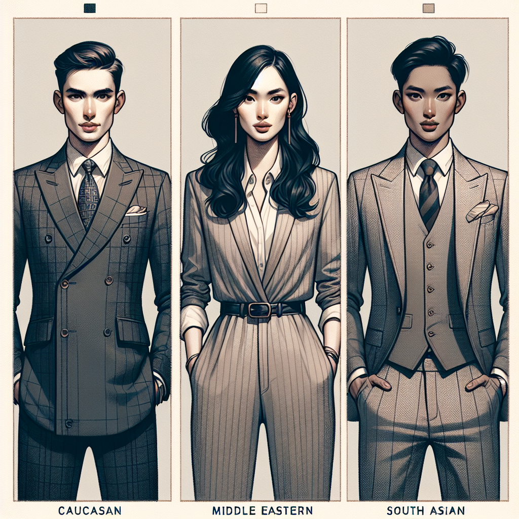 Stunning Suit Styles for Flawless Passport Photos An in-depth visual guide to stunning suit styles ideal for flawless passport photos. The illustration should include three individuals of different descents: Caucasian, Middle Eastern, and South Asian. Their genders should alternate; the Caucasian person is a man, the Middle Eastern person is a woman, and the South Asian person is non-binary. Each person should be wearing a distinct suit style: the man in a classic double-breasted suit, the woman in a sleek pantsuit, and the non-binary individual in a sophisticated three-piece suit. They should all be posed as if they're ready for a passport photo, against a light gray background.