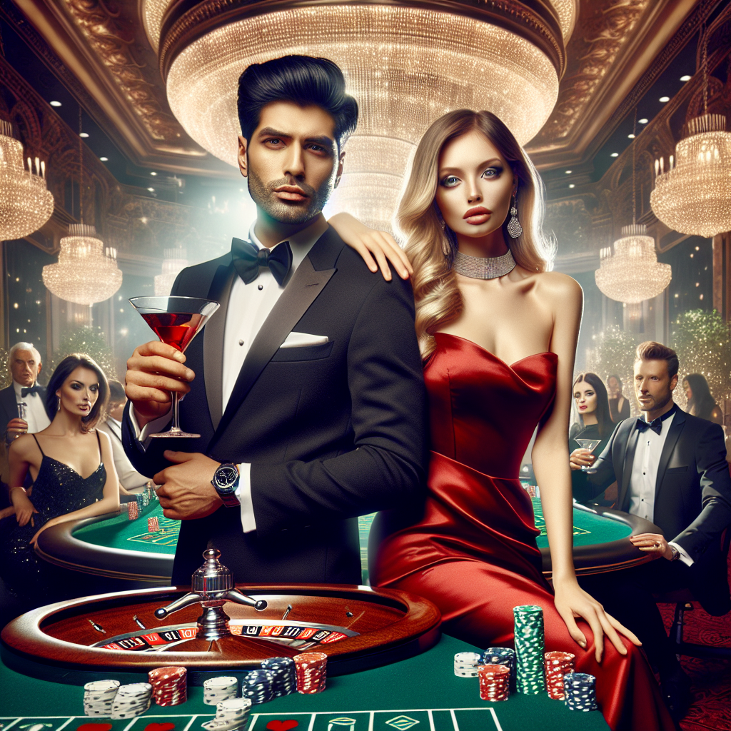 An elaborate scene of a casino party. The foreground features a stylish South Asian man in a black tuxedo, holding a martini glass, and a Caucasian woman in a red satin cocktail dress with a silver necklace. Both display confident expressions and elegant poses. The background reveals a lavish casino with green felt gaming tables, sparkling chandeliers, and patrons of diverse descents equally represented enjoying themselves in fashionable evening attires. A roulette wheel spins in the center of the frame while poker chips are scattered across various tables.