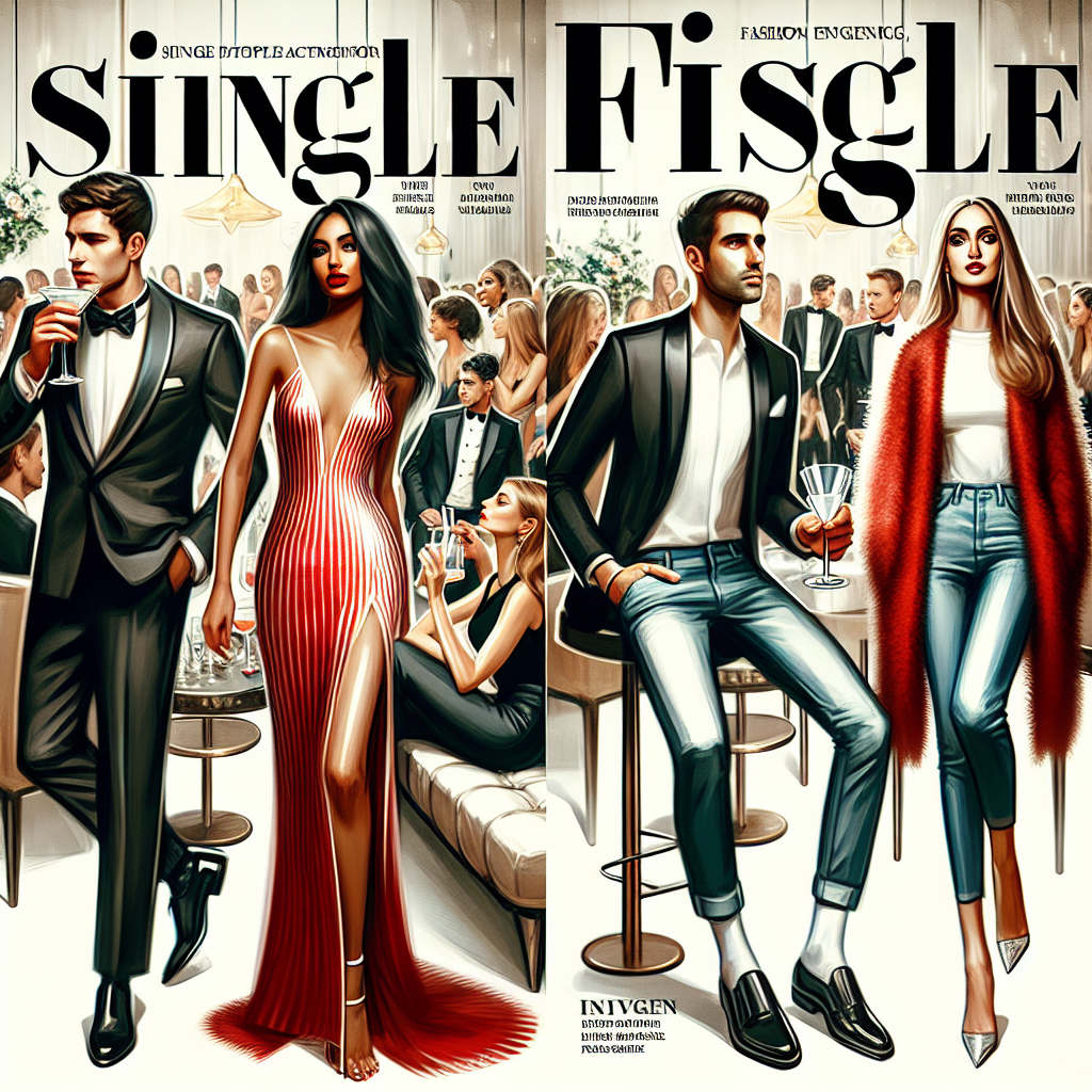 Imagine a magazine article centered on fashion advice for single individuals attending social events. The cover should display a collection of stylish outfits perfect for such occasions. In the background, a lively, upscale cocktail party scene should be in focus to signal social engagement. The outfits should be a range of formal to casual: an elegant black tuxedo for a Caucasian man, a glamorous red cocktail dress on a black woman, jeans paired with a stylish blazer on a Hispanic man, and a chic jumpsuit on a Middle-Eastern woman. All outfits should demonstrate an effortless chic vibe.