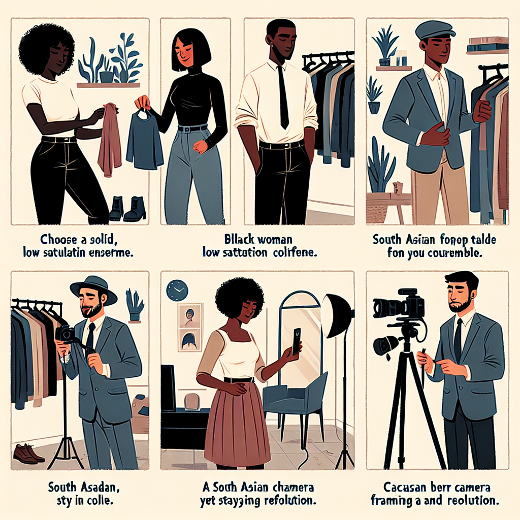 What to Wear for a Self Tape Audition: Master Your Look Illustrate a guide that shows a mix of different individuals preparing for self-tape auditions. Include a Black woman choosing a solid, low saturation color ensemble from her closet. Show a Hispanic man adjusting a neutral backdrop in his apartment. Add a South Asian woman perfecting her lighting setup, and a Caucasian man checking his camera framing and resolution. Indicate, in each scene, the importance of their costumes in matching the character they're auditioning for. Display the balance between looking professional yet staying comfortable.