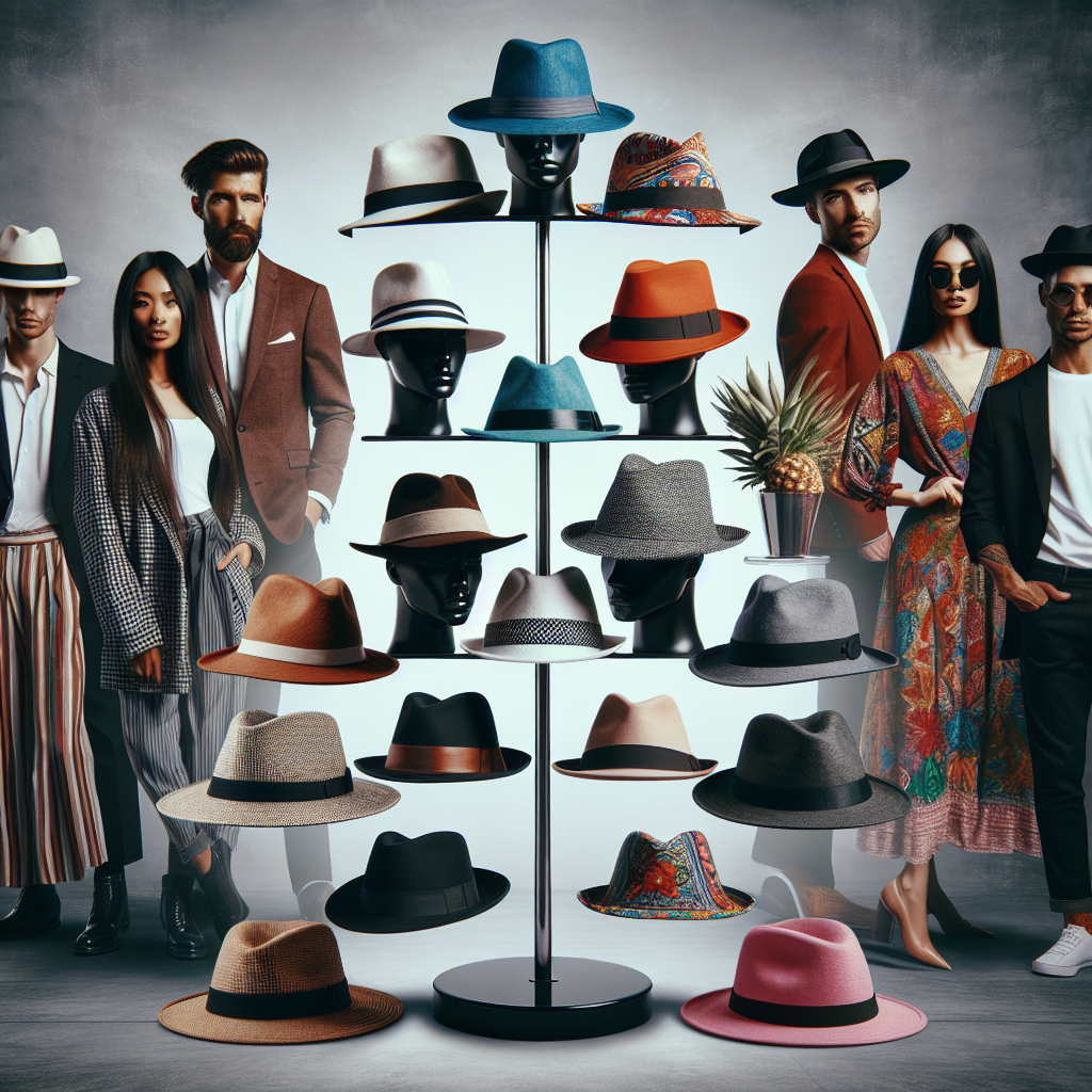 Create an image that presents a variety of Fedora hats, focusing on styles that compliment different types of fashion. Show a stand displaying different Fedora hats: classic, modern, patterned, and colourful, located at the center of the image. Around, feature diverse models of both genders: A Caucasian man dressed in a chic, business style showcasing a classic black Fedora; a Hispanic woman showcasing a modern white Fedora while dressed in trendy casual clothes; an Asian woman sporting vibrant, patterned Fedora as part of her bohemian outfit; and a Middle Eastern man with a colourful Fedora complementing his stylish casual look.
