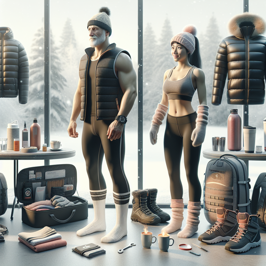 A visualization of a detailed guide on what to wear to a trampoline park in winter. Portray a mid-aged Caucasian male and a young Hispanic female preparing for their trampoline session. They are indoors, surrounded by soft snowy light coming from the windows. The male is wearing thermal athletic wear, comfortable sneakers, thick socks, a light insulating vest, and a beanie. The female is outfitted in a warm workout set, high-top sport shoes, matching gloves, and a headband protecting her ears from cold. Nearby, a backpack with additional layers of clothing, hot drinks in an insulated bottle, and a first-aid kit is open, in case they need anything else.