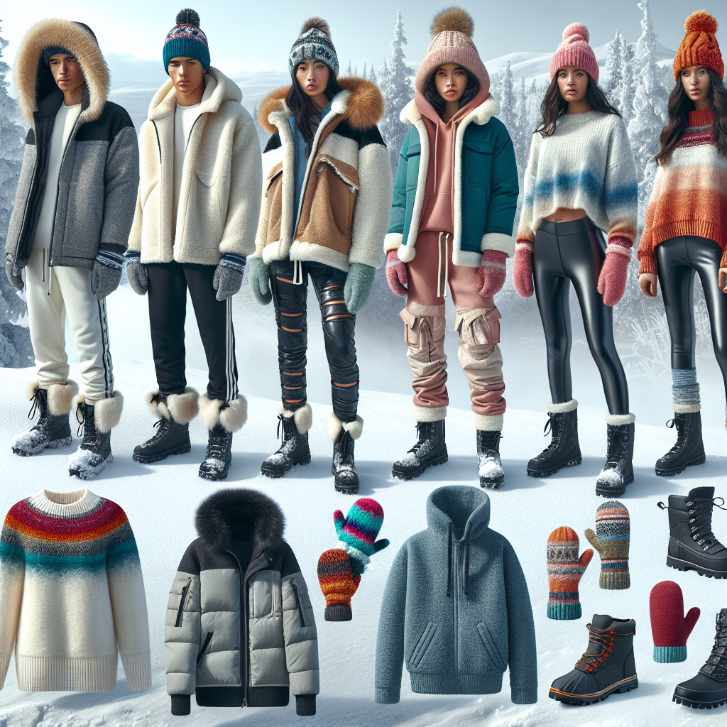 Showcase an array of winter play attire in effortless style, set against a frosty landscape. Display different styles suitable for a chilly adventure, including a fleece-lined jacket worn by an East Asian male, snow boots adorned by a Black female, thermal leggings sported by a Hispanic young boy, knitted mittens grasped by a South Asian woman, and a brightly colored beanie crowning the head of a Middle-Eastern adolescent girl. Let the variety of colors happily contrast the stark white winter scene, providing visual interest and a hint of warmth even in the cold.
