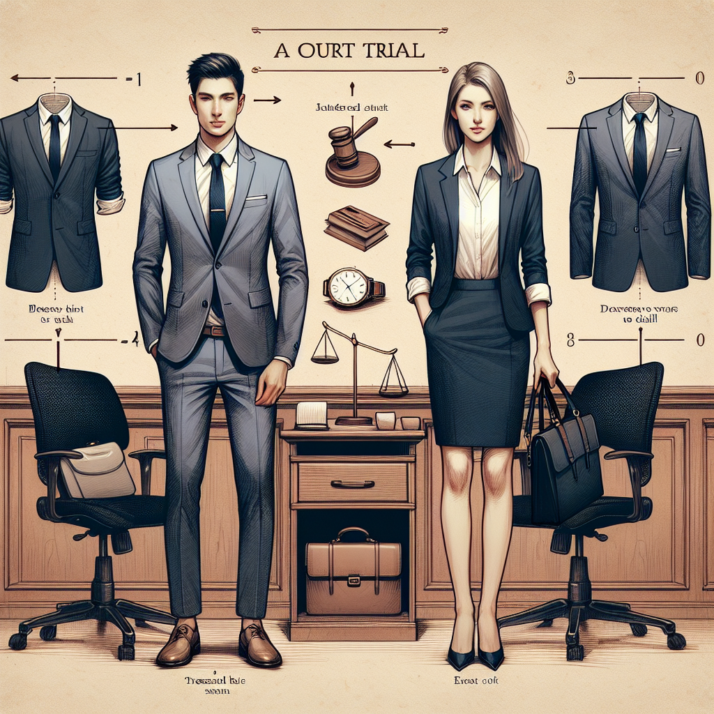 What to Wear to a Court Trial: Effortless Guide A comprehensive and visually informative image presenting a guide on what to wear to a court trial. The image should showcase two different sections. The first section displays a professional South Asian male wearing a tailored suit, crisp white shirt, and a tasteful tie. The second section represents a confident Caucasian female in a conservative, yet chic, blouse and skirt or trouser suit. The background subtly indicates a courtroom setting. Accessories like a briefcase, elegant wrist watch can be added for details. Notations should be made adjacent to the outfits, indicating their appropriateness for a court trial.