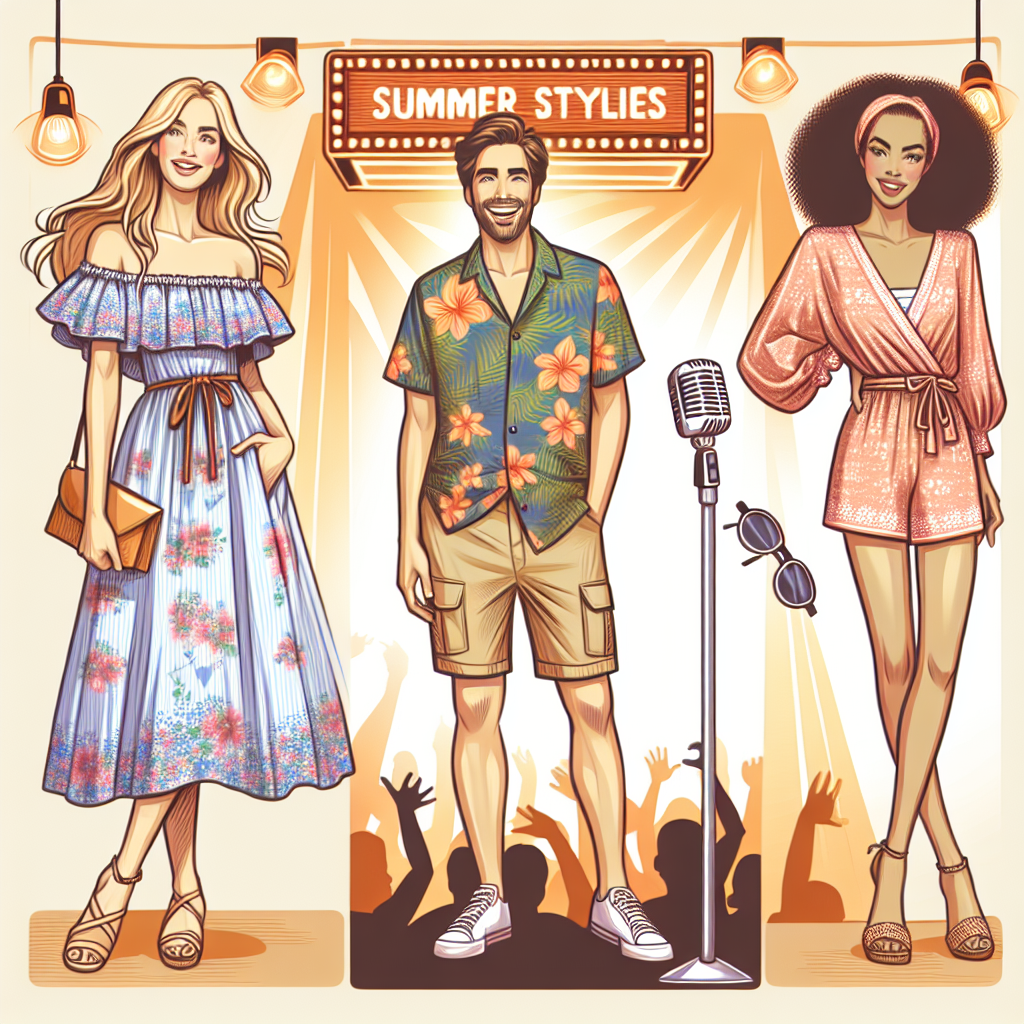 Stunning Summer Styles: Dress Effortlessly for Comedy Shows Create a vibrant, playful image encapsulating the theme of 'Stunning Summer Styles: Dressing Effortlessly for Comedy Shows.' Highlight a trendy summer outfit for a comedy show composed of a stylish breezy sundress with floral patterns for a Caucasian woman, a cool Hawaiian shirt paired with khaki shorts for a Middle-Eastern man, and a chic playsuit in pastel colors for a Black woman. The background should symbolize a lively, laughter-filled comedy show environment with hints of a stage, spotlight, and a microphone stand.