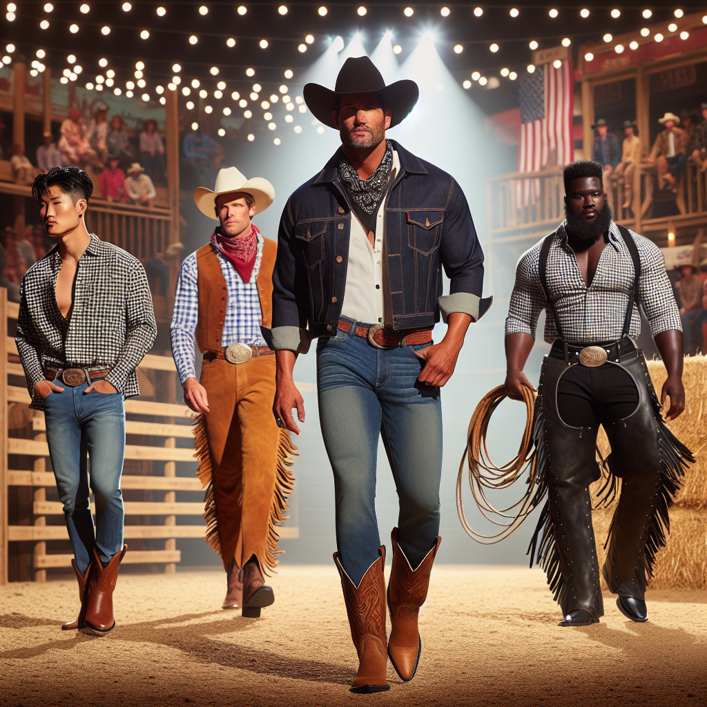 Men's Rodeo Style: Effortless, Must-Have Looks An upbeat scene showcasing various aspects of men's rodeo style. On the left, a South Asian man briskly walks in a contemporary cowboy outfit, exuding confidence – denim jacket, flannel shirt, brown cowboy boots, and a wide-brimmed hat. Towards the center, a Caucasian man broad-shouldered and embodied in rural style, wearing a crisp white shirt with suede chaps, bullhide cowboy boots, and holding a lasso. To the right, a Black man represents a fusion of modern and traditional with his black denim trousers, checkered shirt, leather vest, and unique cowboy hat. All against the backdrop of a lively rodeo, filled with wooden barricades, haystacks, and festooned with lights.