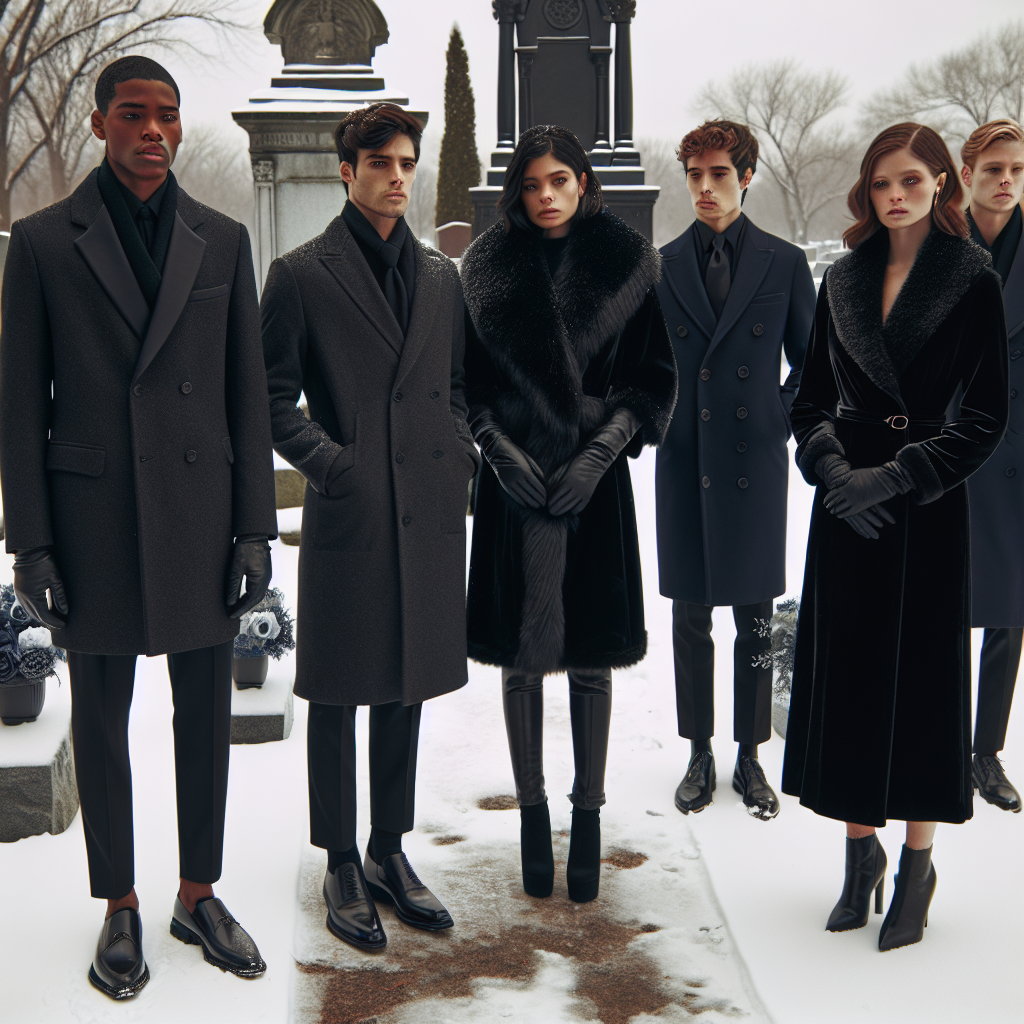 Winter Funeral Attire: Effortless, Elegant Choices A somber winter scene showcasing a tasteful selection of funeral attire. In the foreground, a group of diverse individuals stand in the snow-dusted cemetery. A Black male is wearing a sleek charcoal grey overcoat with polished black shoes, a Hispanic female is in a black cloak with white faux-fur collar, a Middle-Eastern individual adorns a navy blue pea coat, and a Caucasian woman is dressed in a long, black velvet jacket with elegant matching gloves. Their expressions show respect and somberness as they quietly mourn, complimenting the serene and respectful environment of a winter funeral.