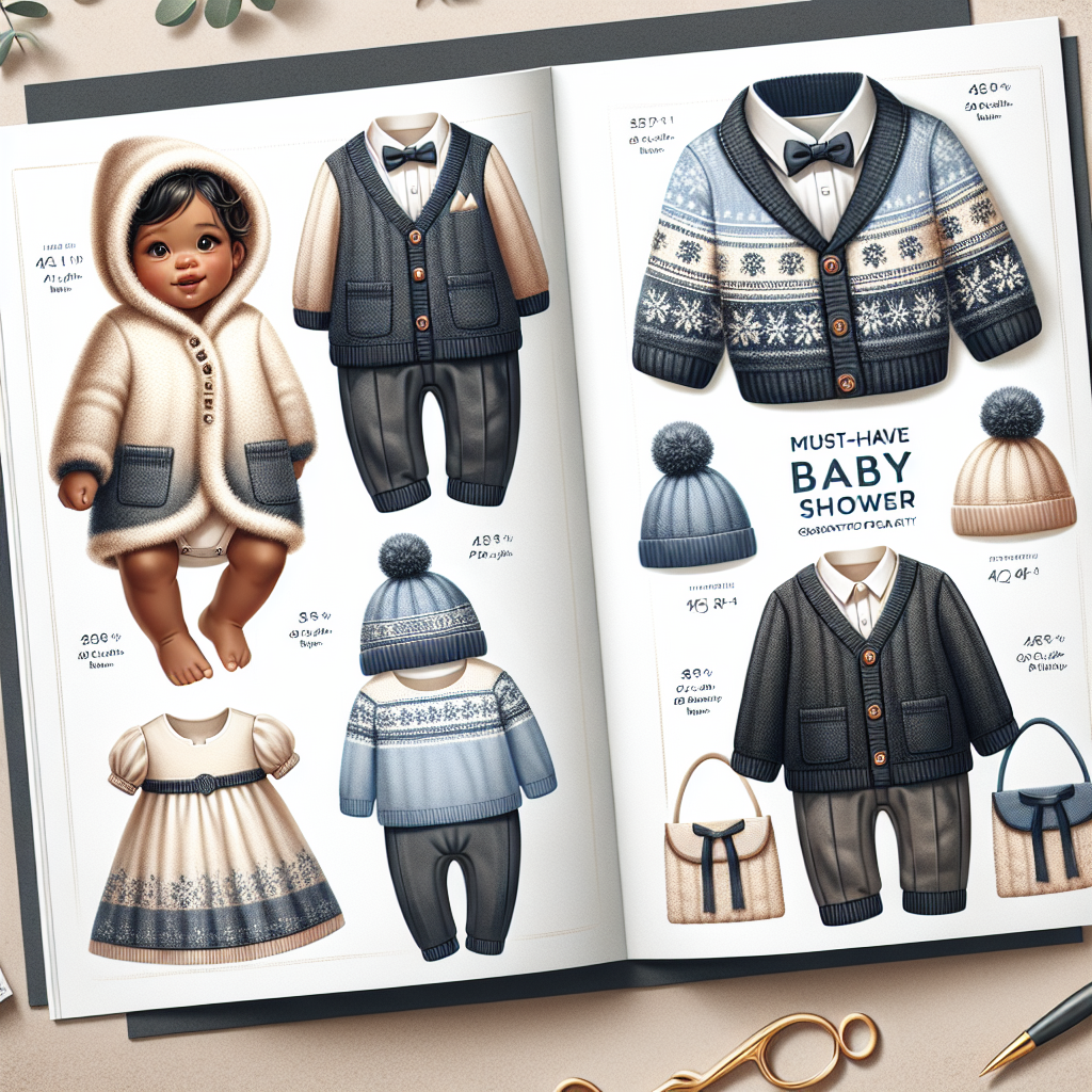 Must-Have Winter Baby Shower Outfits for Graduation Design a Catalogue of Must-Have Winter Baby Shower Outfits Appropriate for Graduation Parties. The first page shows a cute, fluffy onesie for a black baby girl, adorned with snowflake patterns and a cozy hood to match the winter theme. The second page presents a stylish cardigan and pants set for a Hispanic baby boy in neutral shades of blue and gray which can be combined with a knit beanie. The third page highlights an elegant dress layered with a warm overcoat for a South Asian baby girl, perfect for formal occasions such as a graduation. The final page reveals a dapper sweater-vest outfit for a Caucasian baby boy with an accompanying cute winter-themed cap.