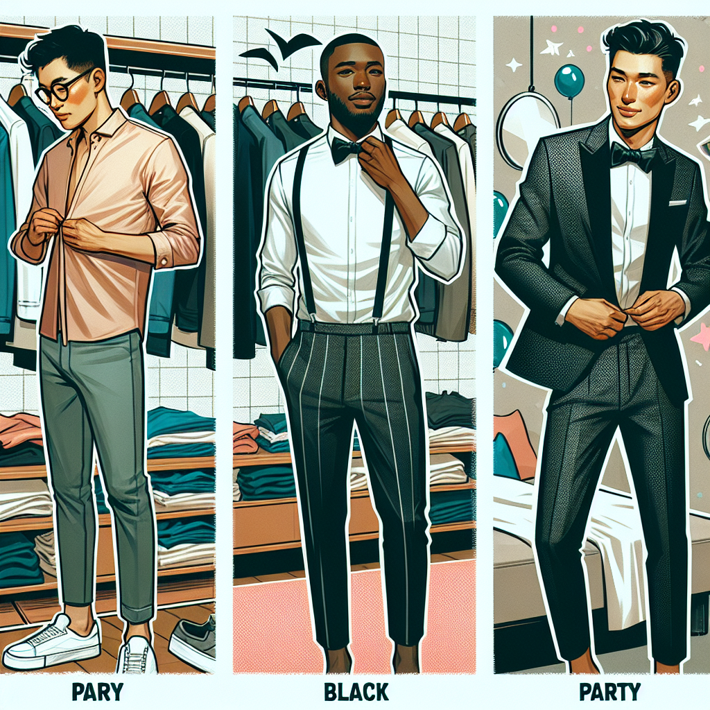 Master Party Style: Effortless Guide for Men A visual guide demonstrating party fashion for men. The three-part scene features an Asian man selecting clothes from a well-organized wardrobe, a Black man tying a stylish bow tie while looking into a mirror, and a Hispanic man confidently flaunting a sleek, well-put-together outfit at a party. The outfits exhibited should exude style and coolness, with a distinct effortless feel. The illustration should be vibrant and lively, demonstrating a modern aesthetic.