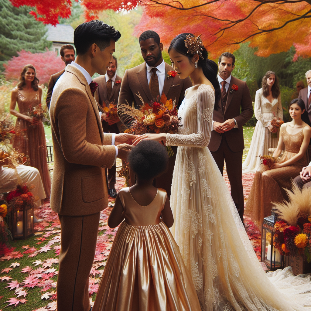 Fall Wedding Style: Discover Your Perfect, Effortless Look Imagine a serene outdoor setting during the fall season. Scattered around are trees boasting a cascade of red, orange and yellow leaves. At the center, a wedding ceremony is taking place. A candid snapshot captures the bride, an Asian woman in a simple yet elegant lace wedding dress, her hair adorned with jewel-encrusted pins, gently handing a bouquet of fall flowers to her flower girl, a young Black girl in a golden taffeta dress. A few feet away, the groom, a Hispanic man donned in a tasteful, vintage-style chestnut suit is seen chatting with his groomsman, a Middle-Eastern man wearing a crisp navy-blue suit.