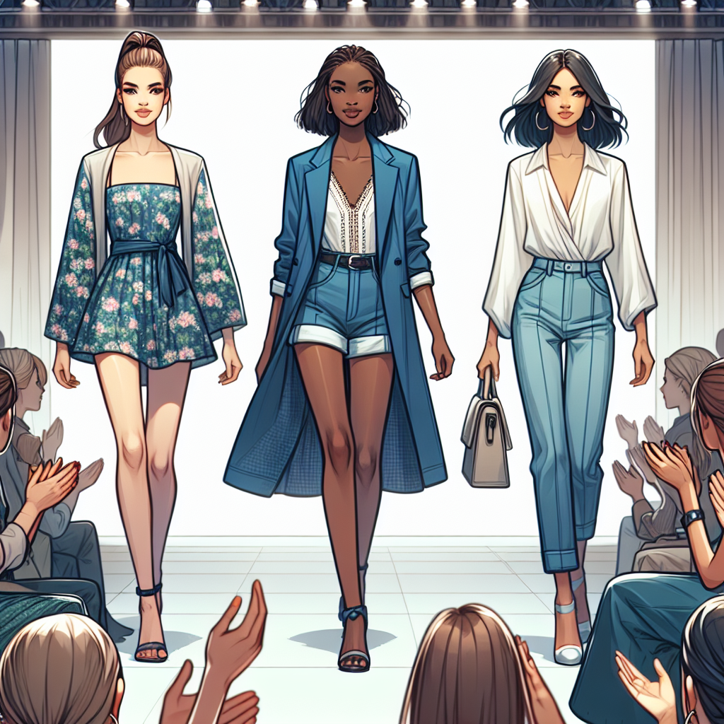 Create an image representing a fashion showcase. A runway populated with three models displaying stunning outfits using a blue blazer. Each model showing unique stylish variations in clothing. The first model, a Caucasian woman with her hair tied up in a pony-tail, wearing the blazer over a floral summer dress. The second model, a Black woman with short curly hair, pairing the blazer with high-waisted jeans and a white blouse. The third model, a South Asian woman with long straight hair, styling the blazer with a matching pencil skirt and a silk scarf tied around her neck. Applauding spectators fill the ambiance with excitement and appreciation.